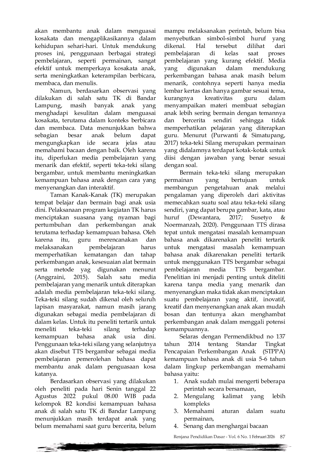 JURIS Pengaruh Teka Teki Silang Bergambar Terhadap Kemampuan Bahasa Anak Usia Dini Di Tk Bandar Lampung