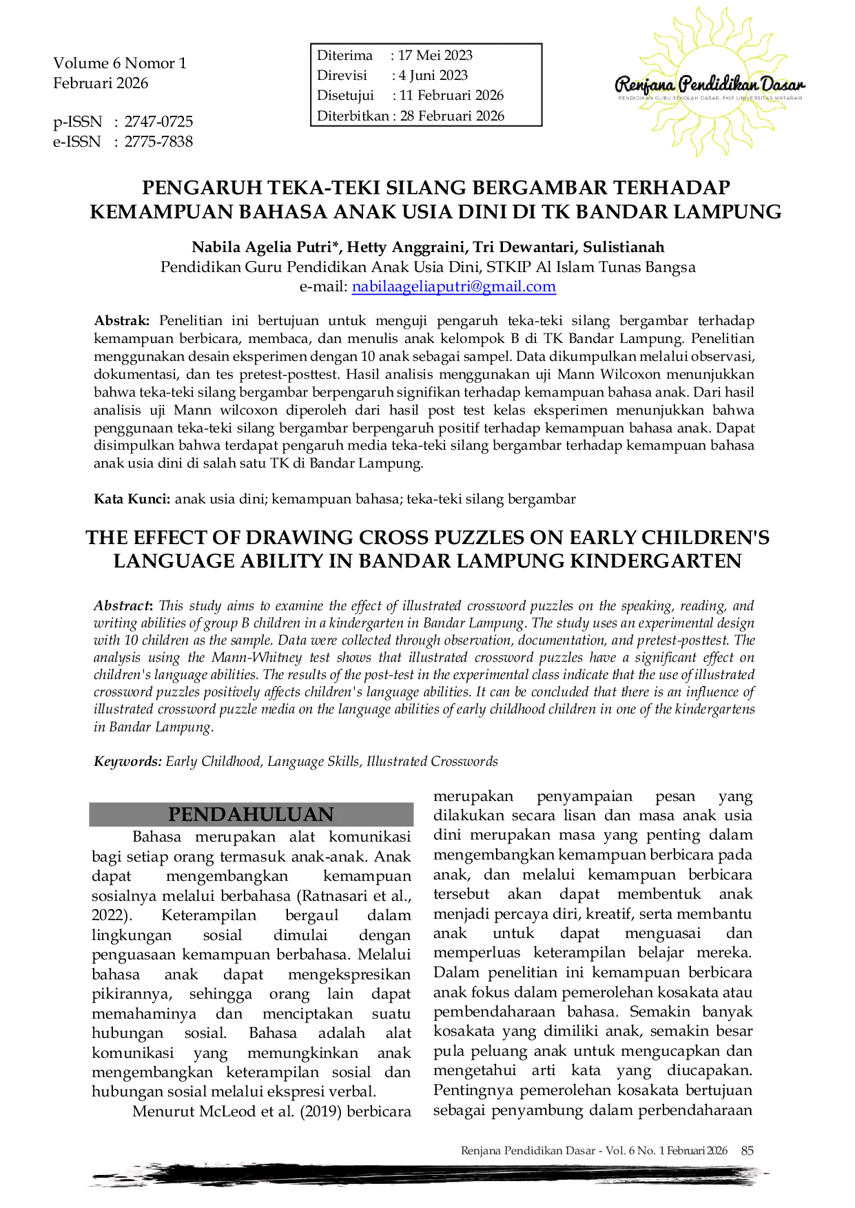 JURIS Pengaruh Teka Teki Silang Bergambar Terhadap Kemampuan Bahasa Anak Usia Dini Di Tk Bandar Lampung