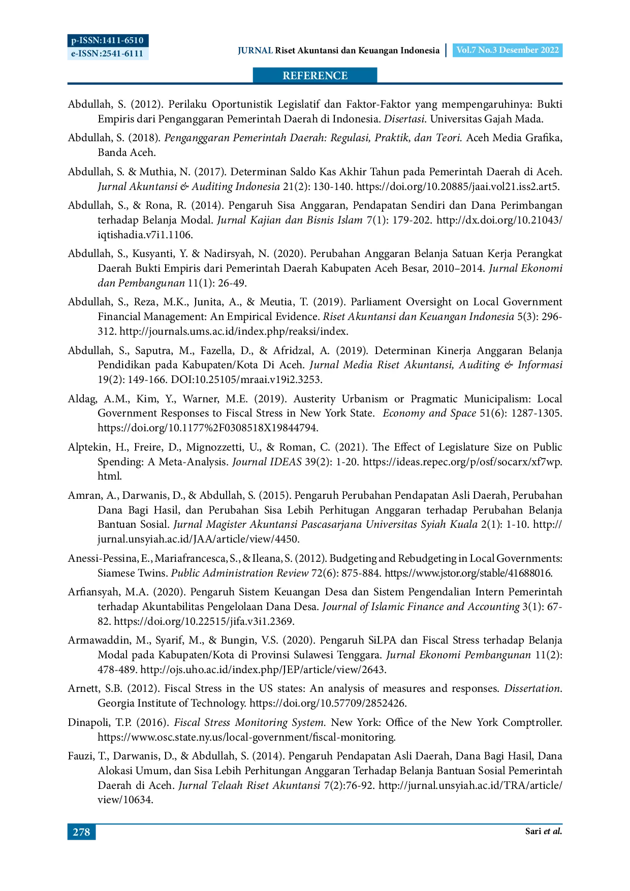 JURIS THE EFFECT OF FISCAL STRESS ON CHANGES IN SOCIAL AID SHOPPING WITH LEGISLATURE SIZE AS MODERATING Empirical Evidence from Regency City Governments in Sumatra