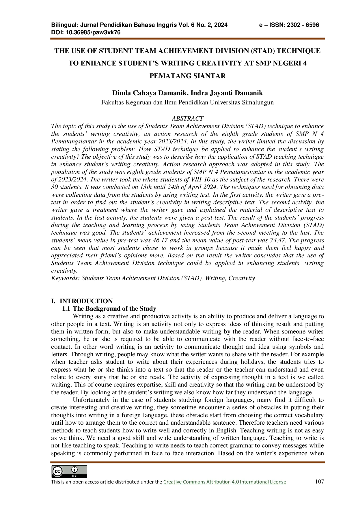 JURIS The Use Of Student Team Achievement Division STAD Technique To Enhance Student s Writing Creativity At SMP Negeri 4 Pematang Siantar
