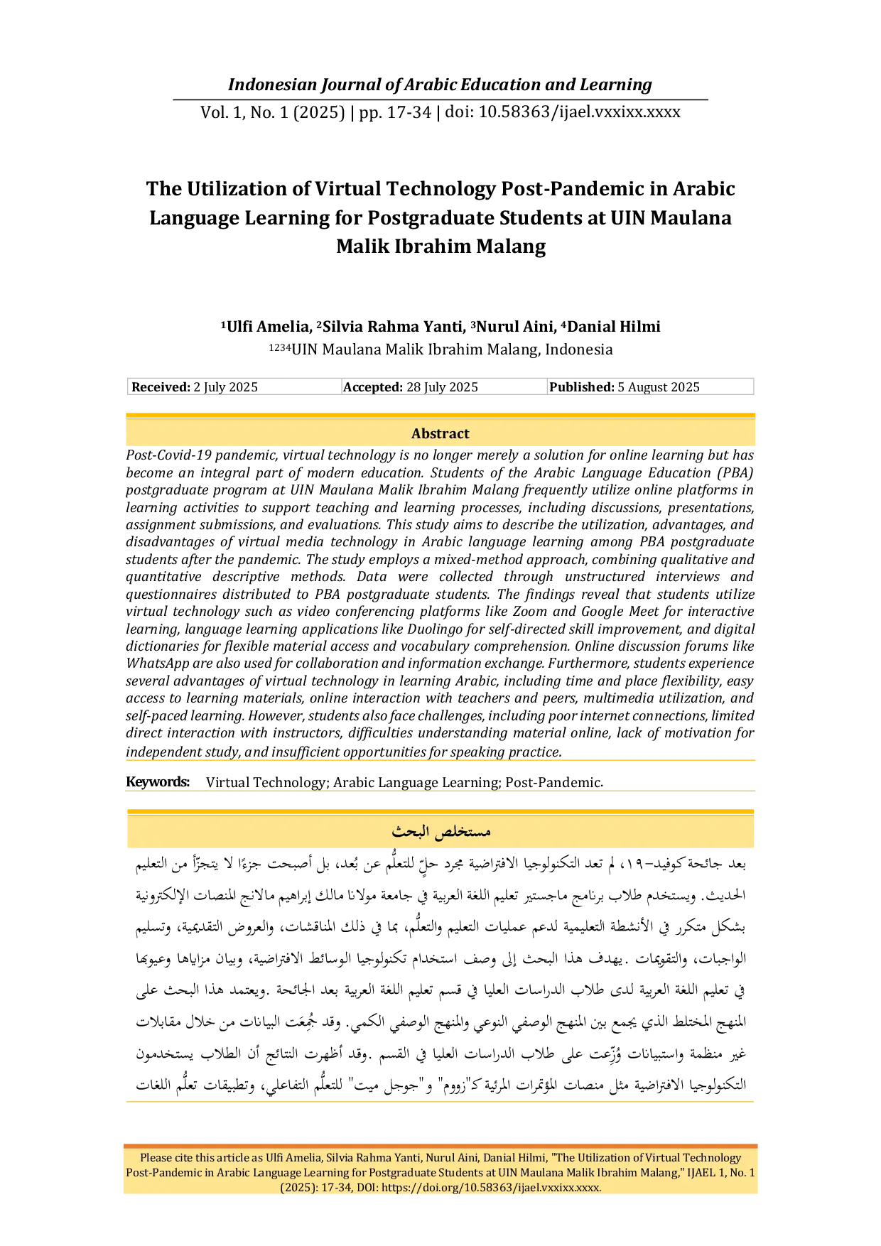 JURIS The Utilization of Virtual Technology Post Pandemic in Arabic Language Learning for Postgraduate Students at UIN Maulana Malik Ibrahim Malang