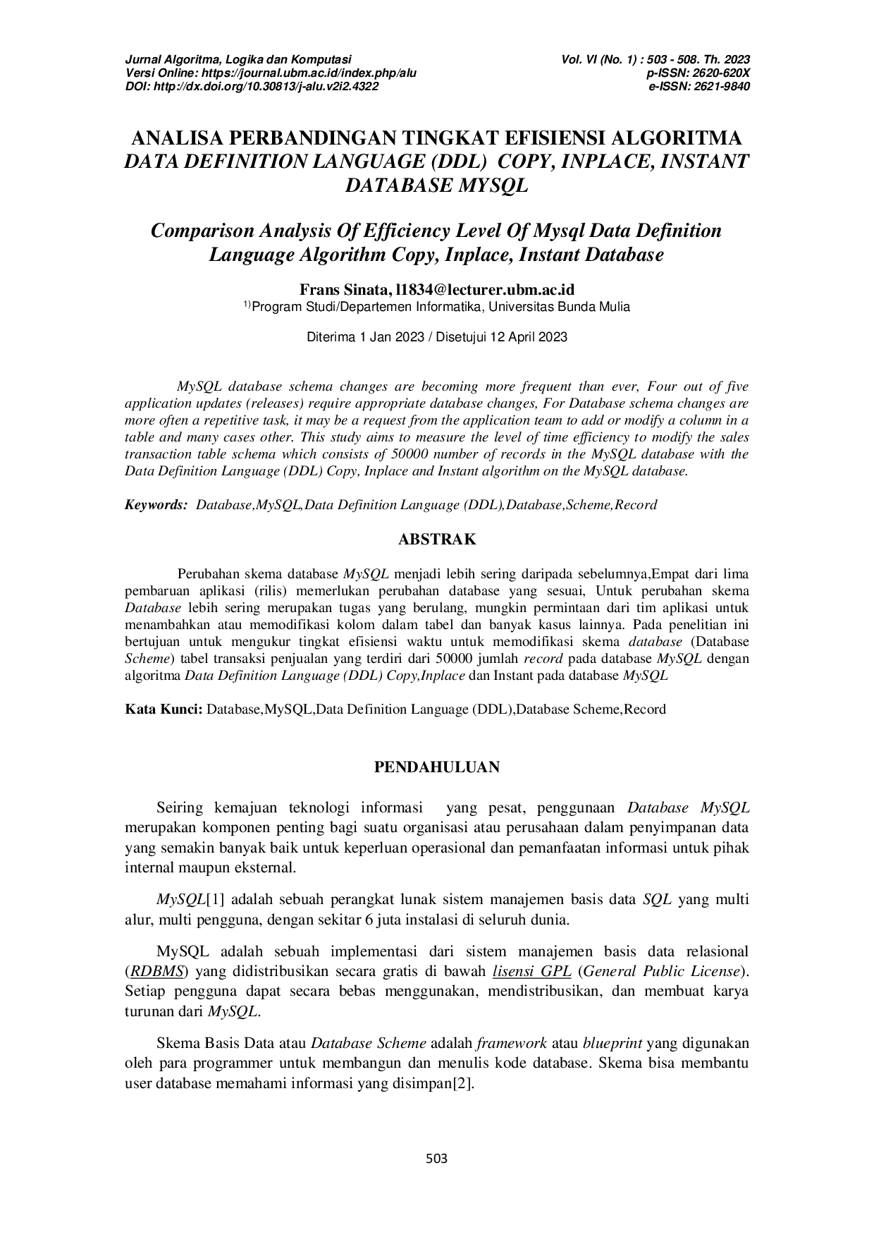 JURIS Analisa Perbandingan Tingkat Efisiensi Algoritma Data Definition Language DDL Copy Inplace Instant Database MySQL