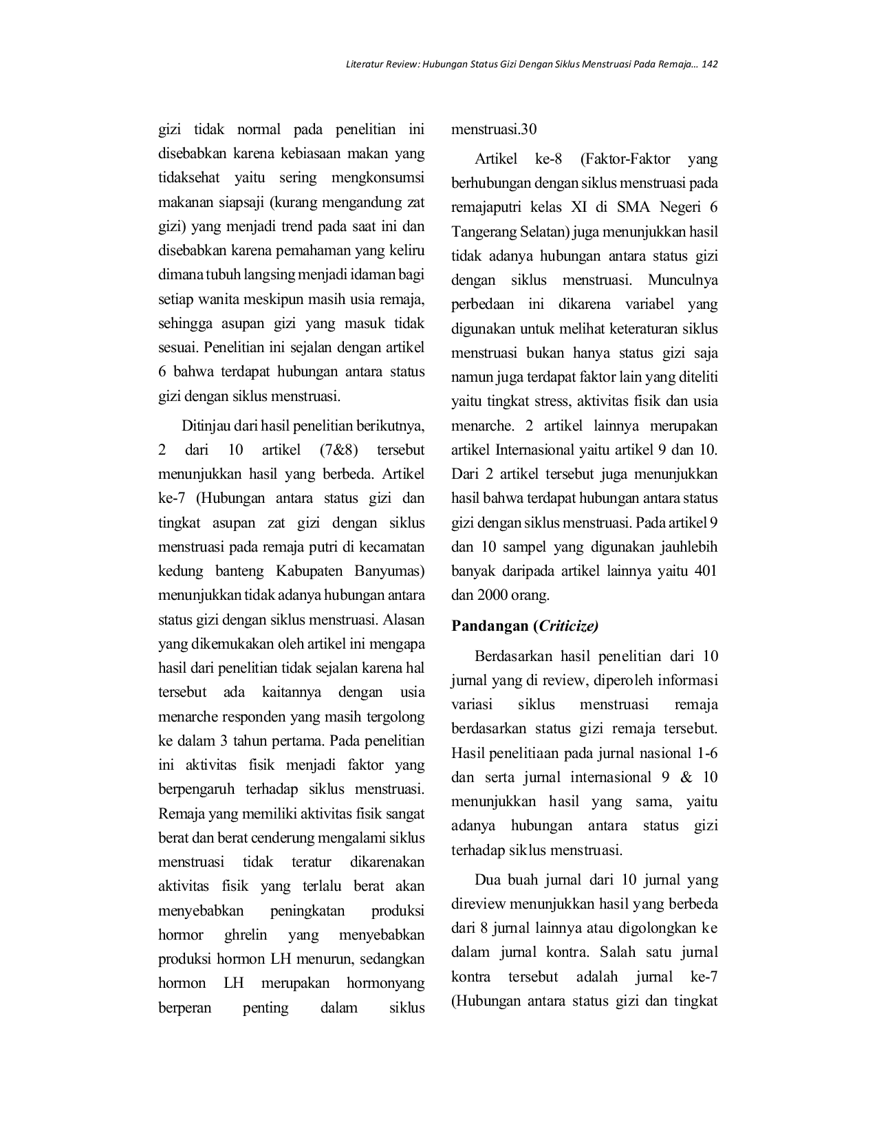 JURIS Literatur Review Hubungan Status Gizi Dengan Siklus Menstruasi Pada Remaja
