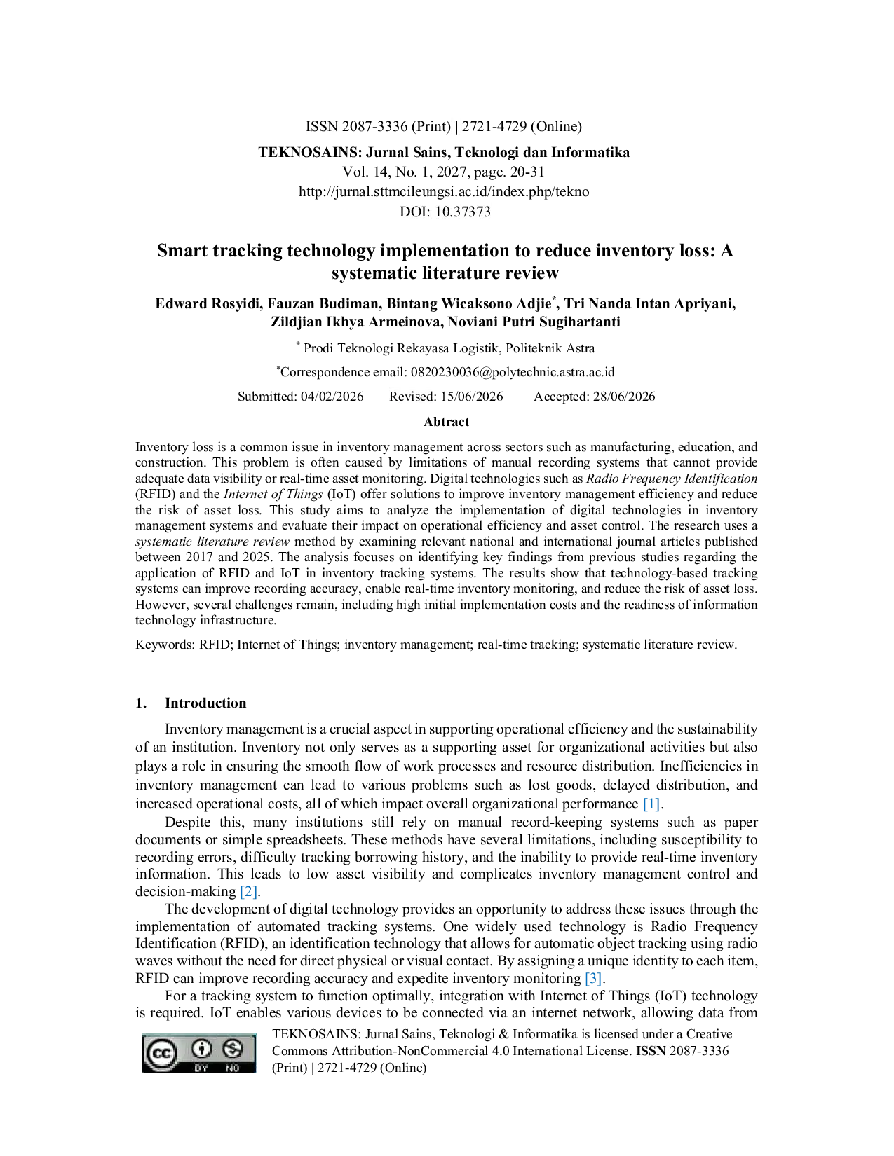 JURIS Smart tracking technology implementation to reduce inventory loss A systematic literature review