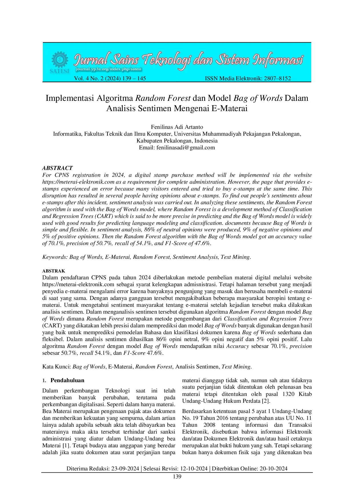 JURIS Implementasi Algoritma Random Forest dan Model Bag of Words Dalam Analisis Sentimen Mengenai E Materai
