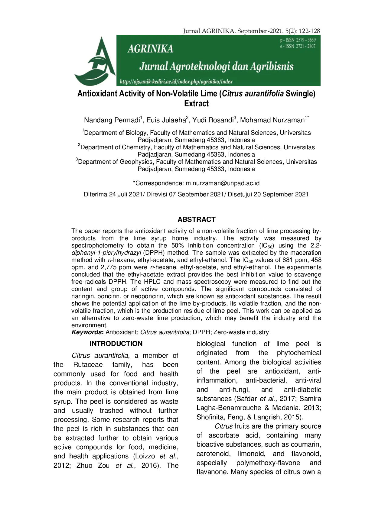 JURIS Antioxidant Activity Of Non Volatile Lime Citrus Aurantifolia Swingle Extract