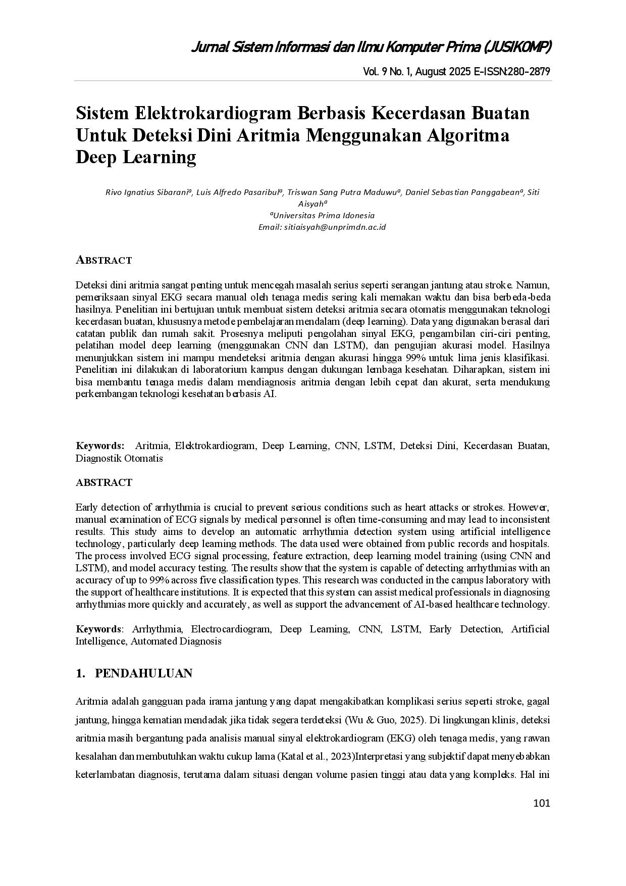 juris Sistem Elektrokardiogram Berbasis Kecerdasan Buatan Untuk Deteksi Dini Aritmia Menggunakan Algoritma Deep Learning