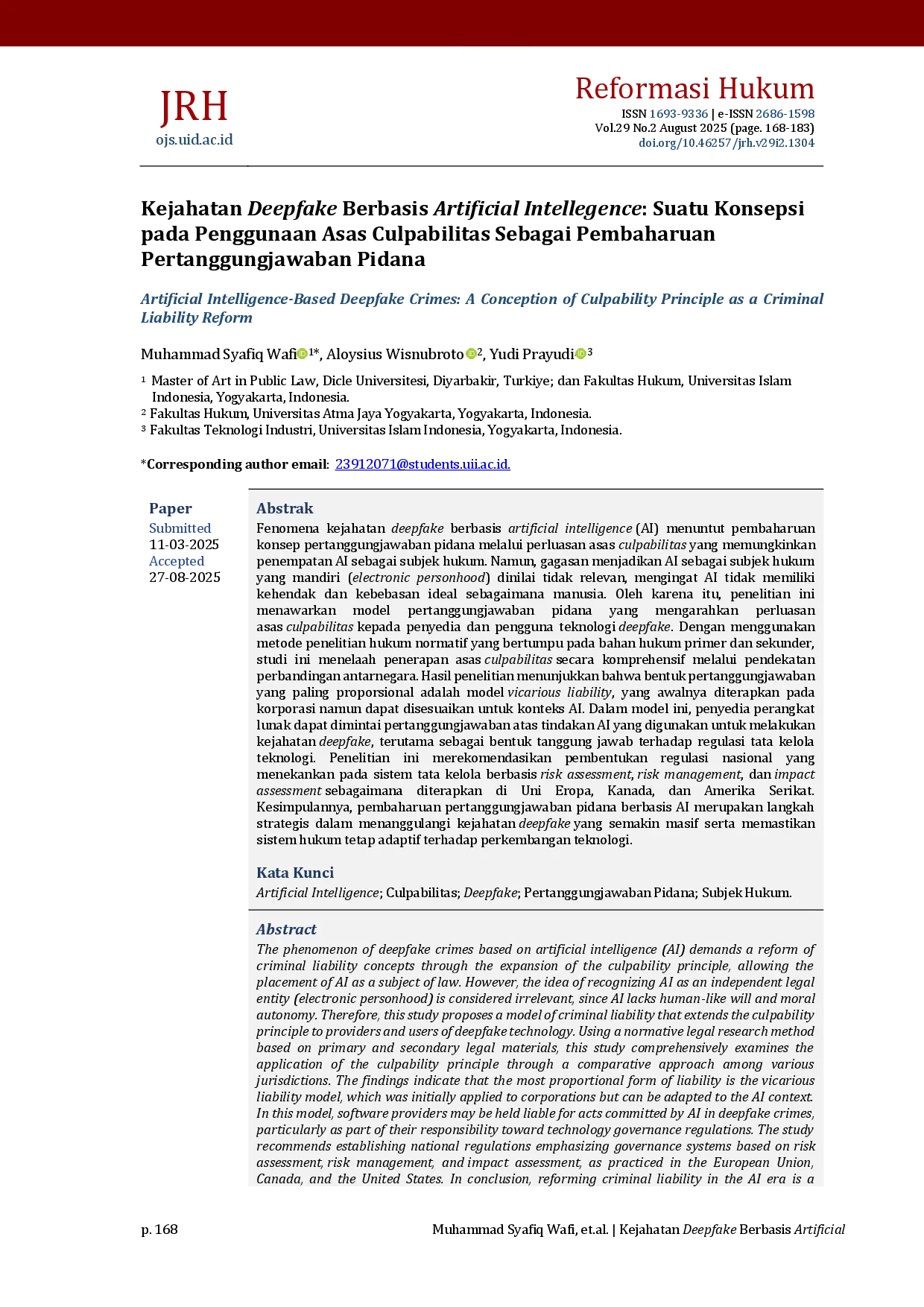 juris Artificial Intelligence Based Deepfake Crimes A Conception of Culpability Principle as a Criminal Liability Reform