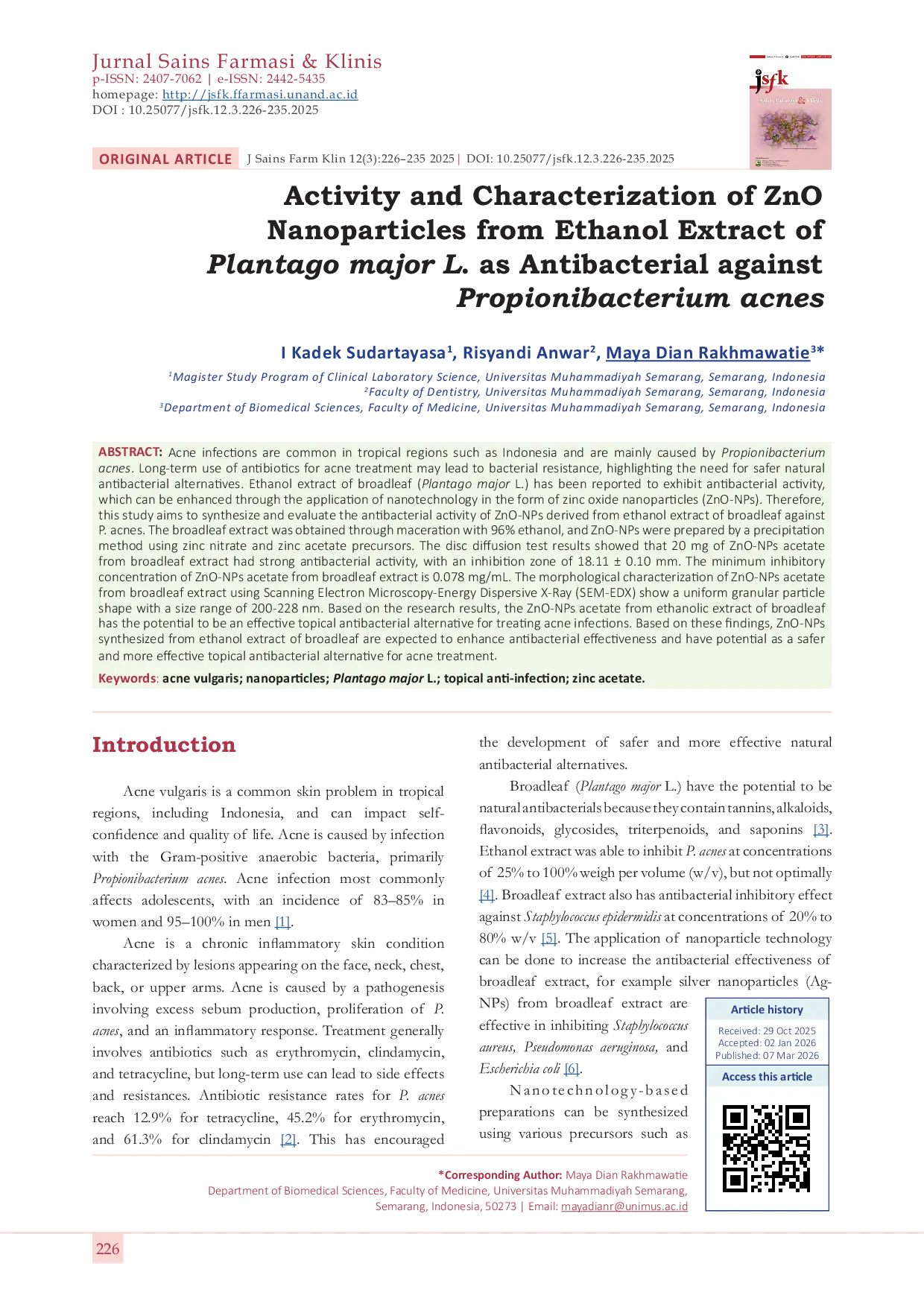 JURIS Activity and Characterization of ZnO Nanoparticles from Ethanol Extract of Plantago major L as Antibacterial against Propionibacterium acnes