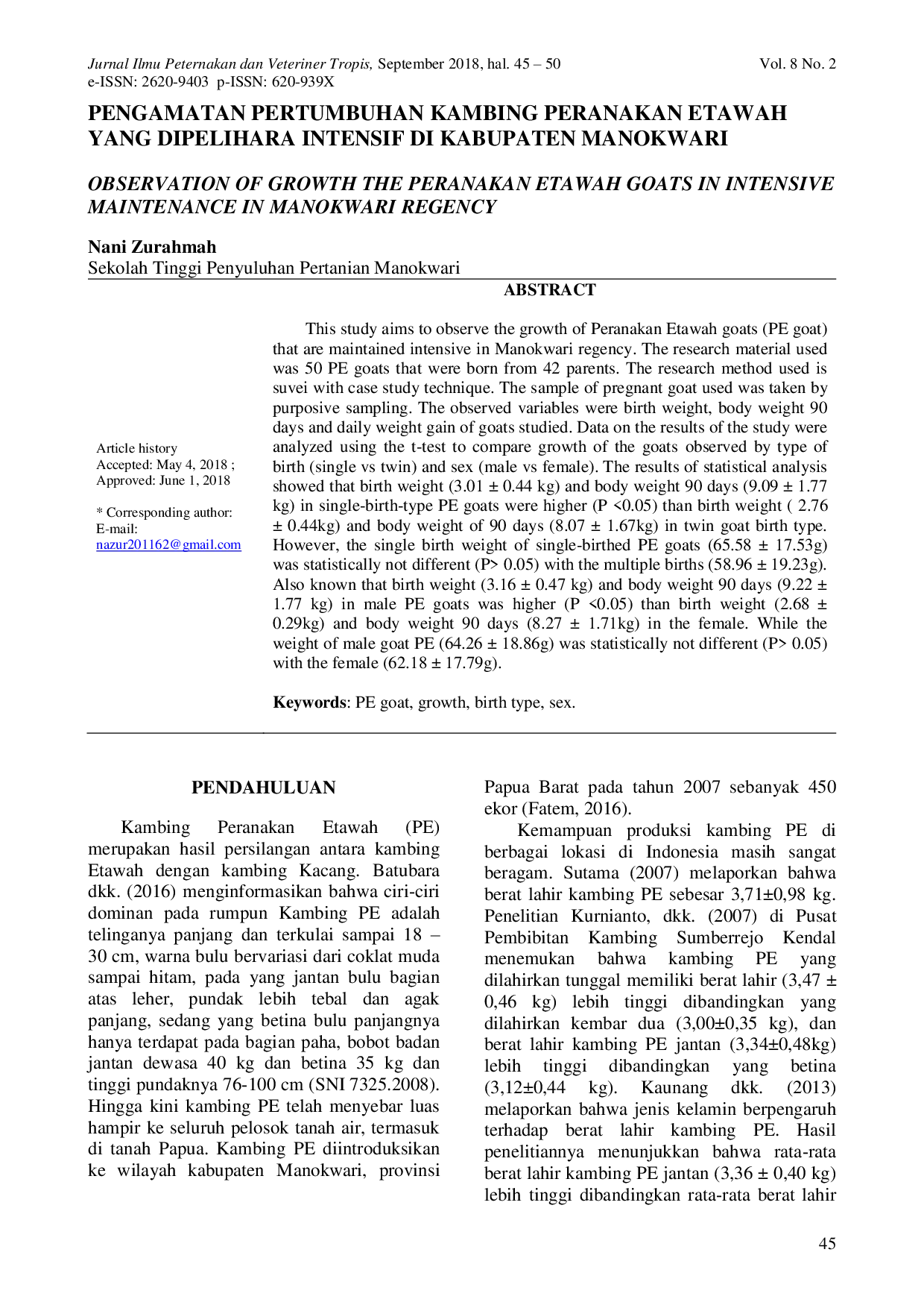 JURIS Pengamatan Pertumbuhan Kambing Peranakan Etawah Yang Dipelihara Intensif Di Kabupaten Manokwari