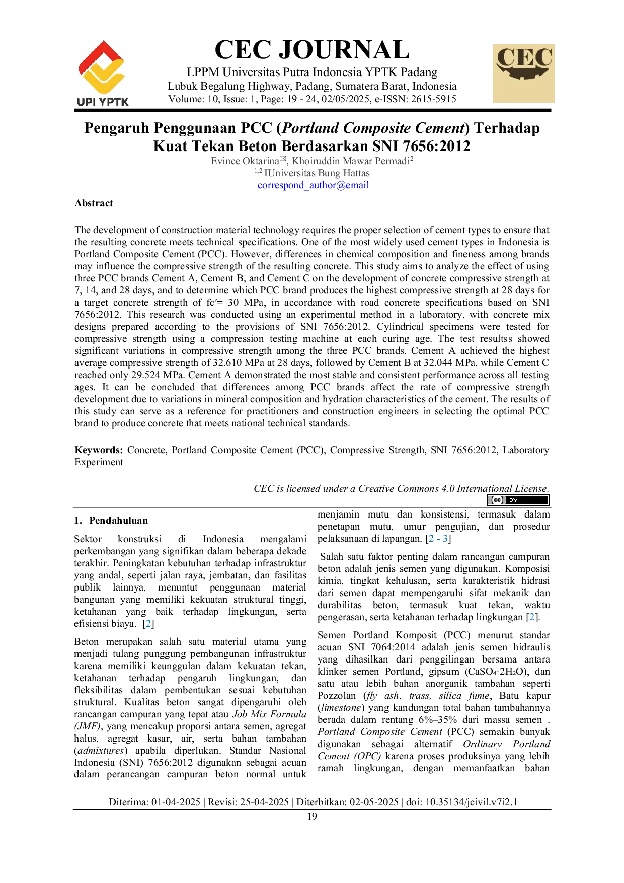 JURIS Pengaruh Penggunaan PCC Portland Composite Cement Terhadap Kuat Tekan Beton Berdasarkan SNI 7656 2012
