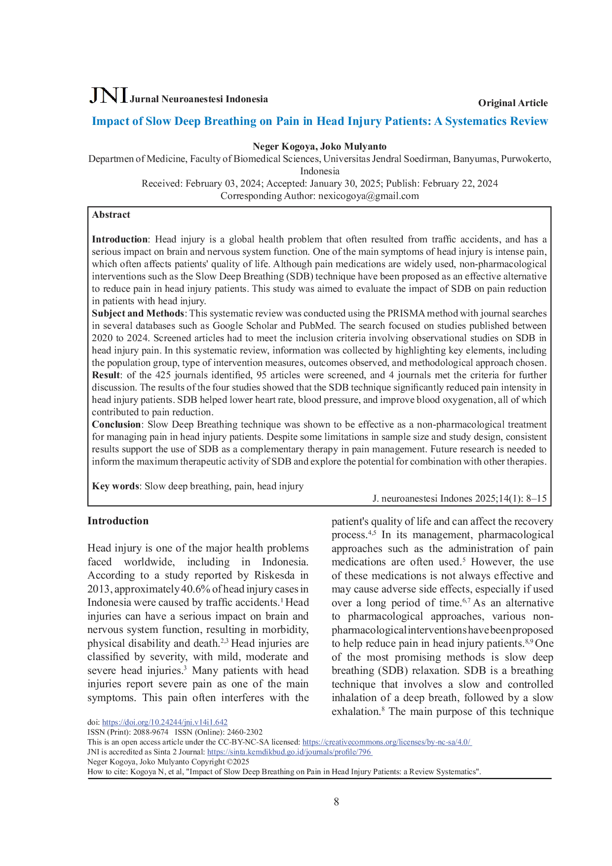 JURIS Impact of Slow Deep Breathing on Pain in Head Injury Patients A Systematics Review