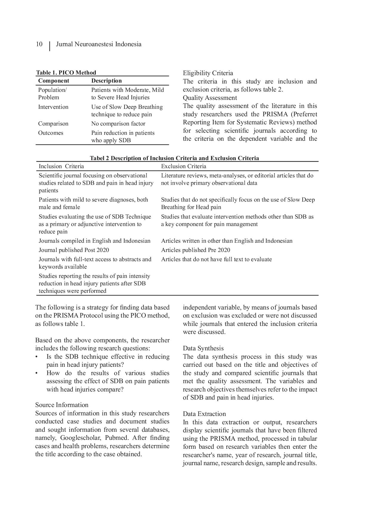 JURIS Impact of Slow Deep Breathing on Pain in Head Injury Patients A Systematics Review
