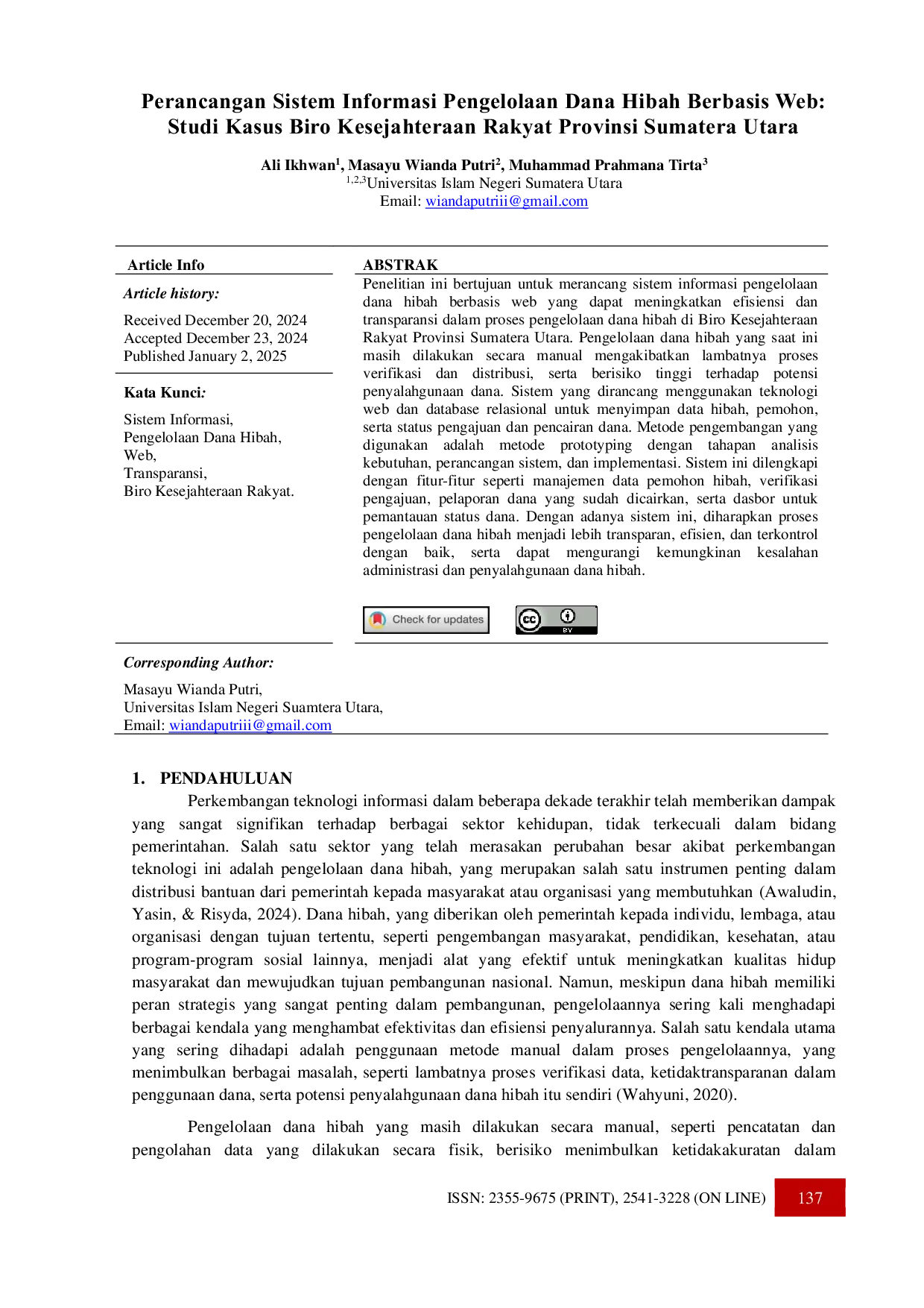 JURIS Perancangan Sistem Informasi Pengelolaan Dana Hibah Berbasis Web Studi Kasus Biro Kesejahteraan Rakyat Provinsi Sumatera Utara