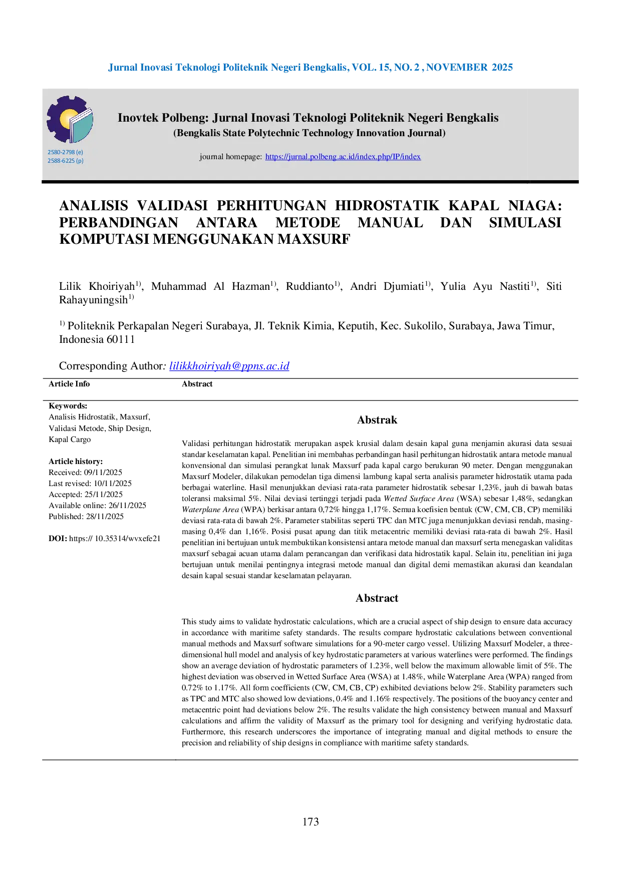 JURIS Analisis Validasi Perhitungan Hidrostatik Kapal Niaga Perbandingan Antara Metode Manual dan Simulasi Komputasi Menggunakan Maxsurf