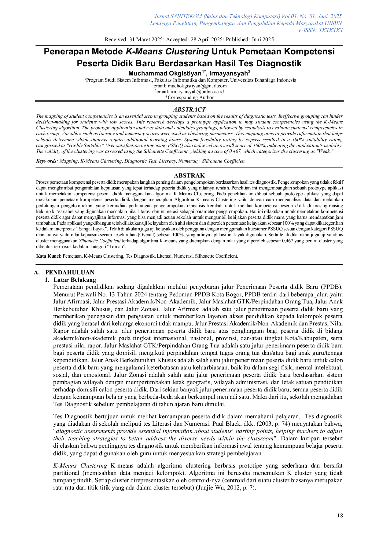 JURIS Penerapan Metode K Means Clustering Untuk Pemetaan Kompetensi Peserta Didik Baru Berdasarkan Hasil Tes Diagnostik