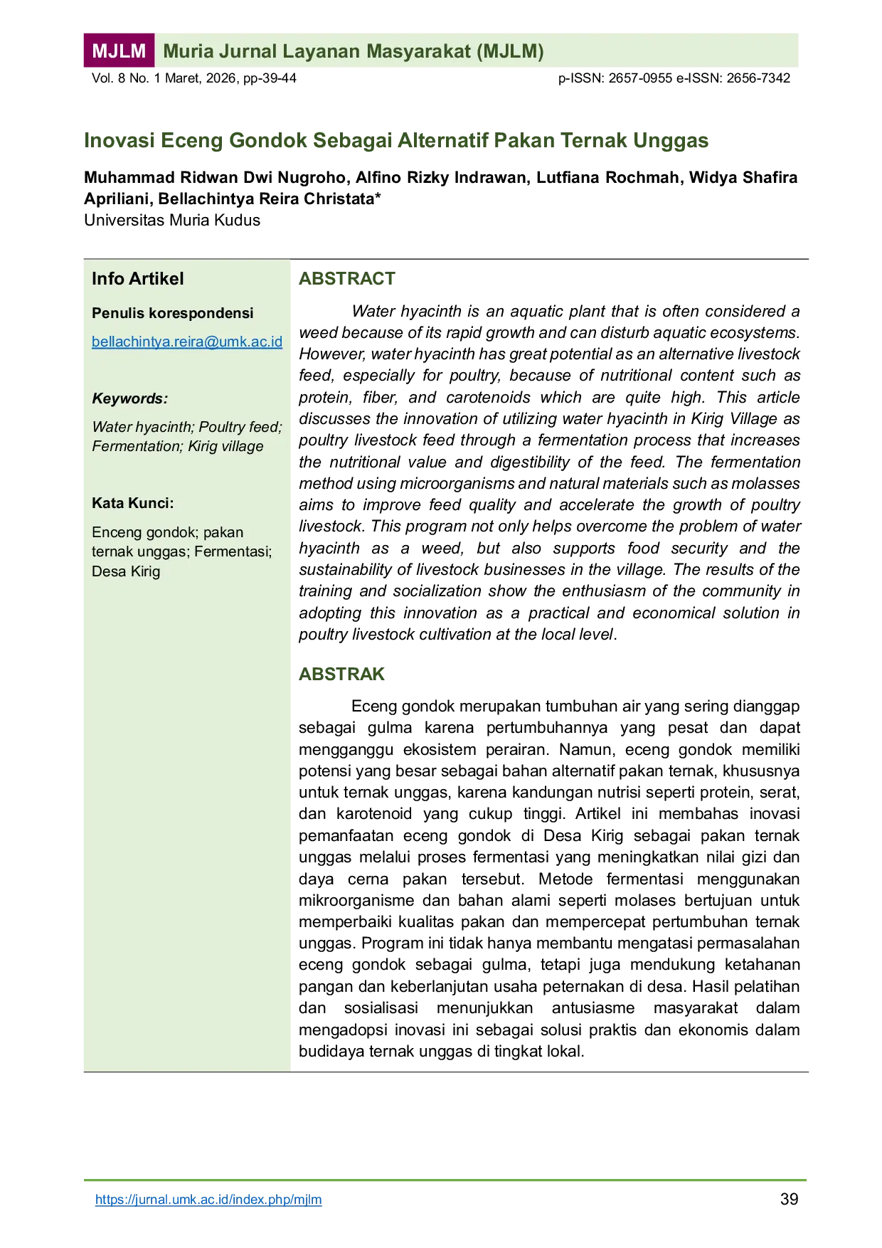 JURIS Innovation of Water Hyacinth as an Alternative Poultry Feed