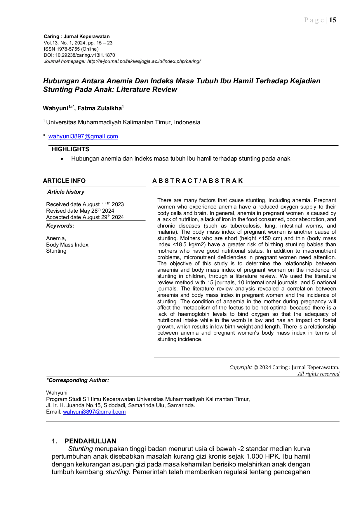 JURIS Hubungan Antara Anemia Dan Indeks Masa Tubuh Ibu Hamil Terhadap Kejadian Stunting Pada Anak Literature Review