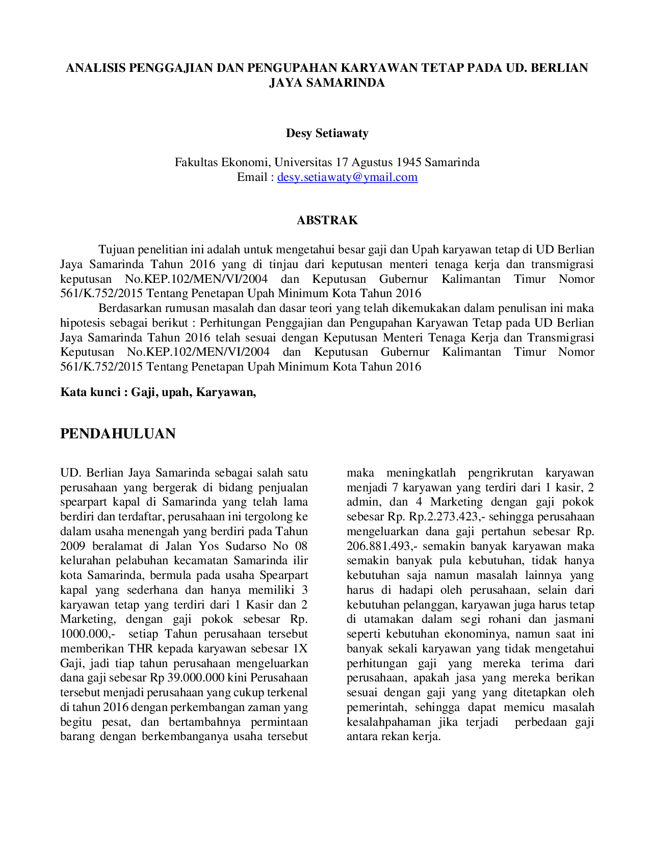 JURIS Analisis Penggajian Dan Pengupahan Karyawan Tetap Pada UD Berlian Jaya Samarinda