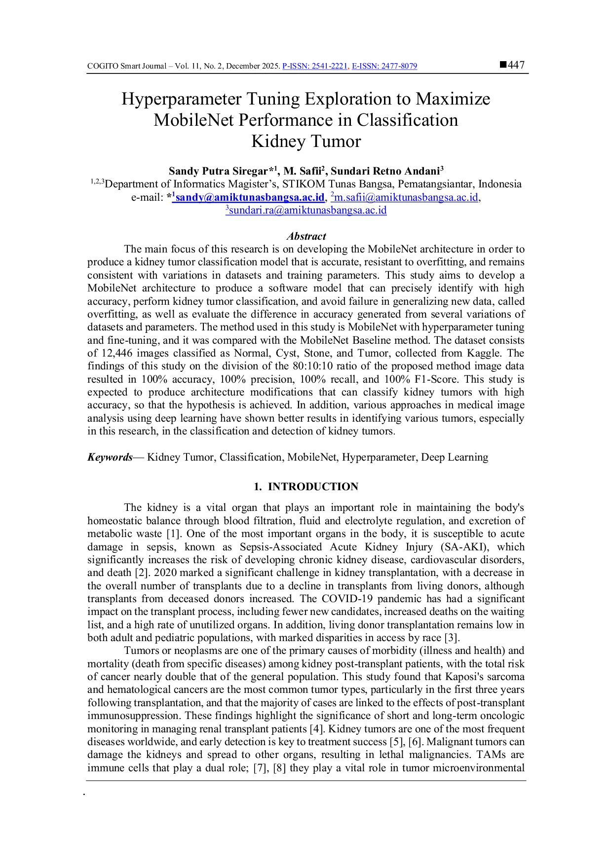 JURIS Hyperparameter Tuning Exploration to Maximize MobileNet Performance in Classification Kidney Tumor