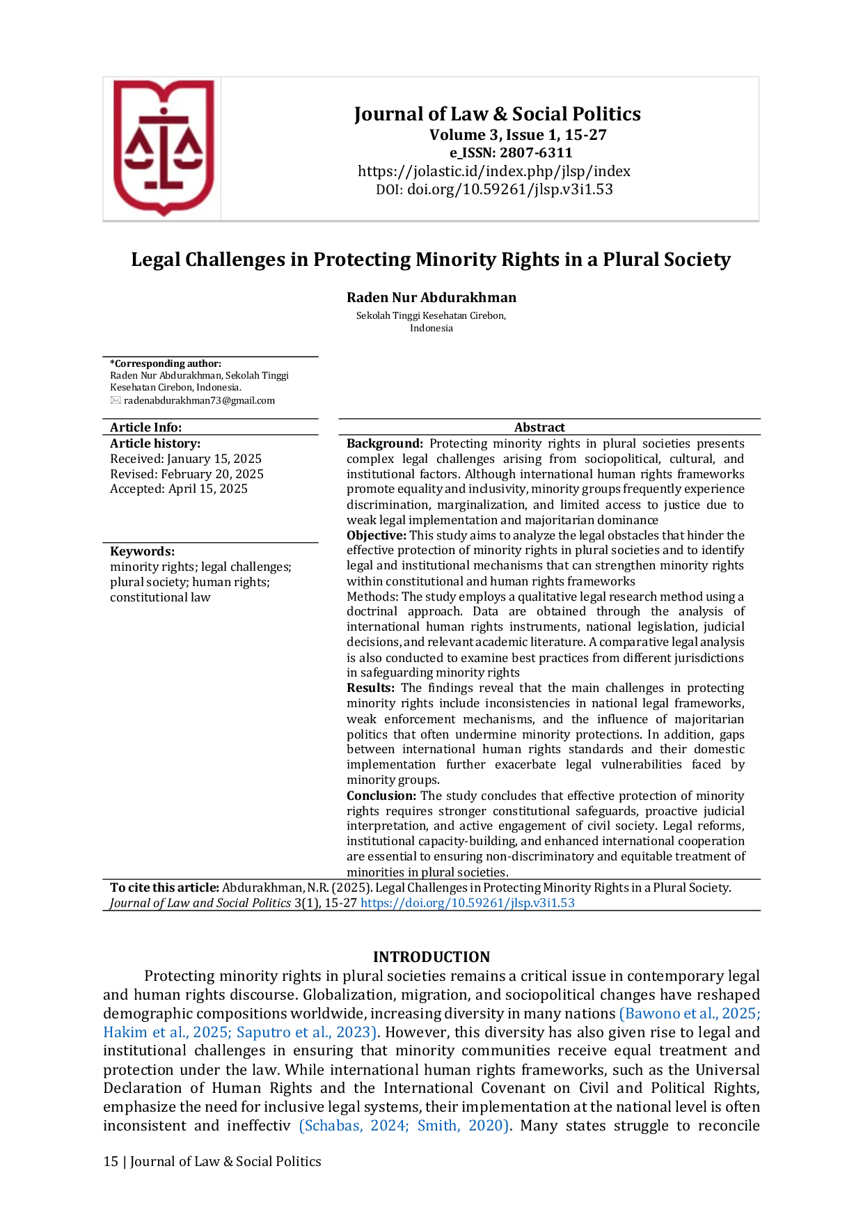 JURIS Legal Challenges in Protecting Minority Rights in a Plural Society