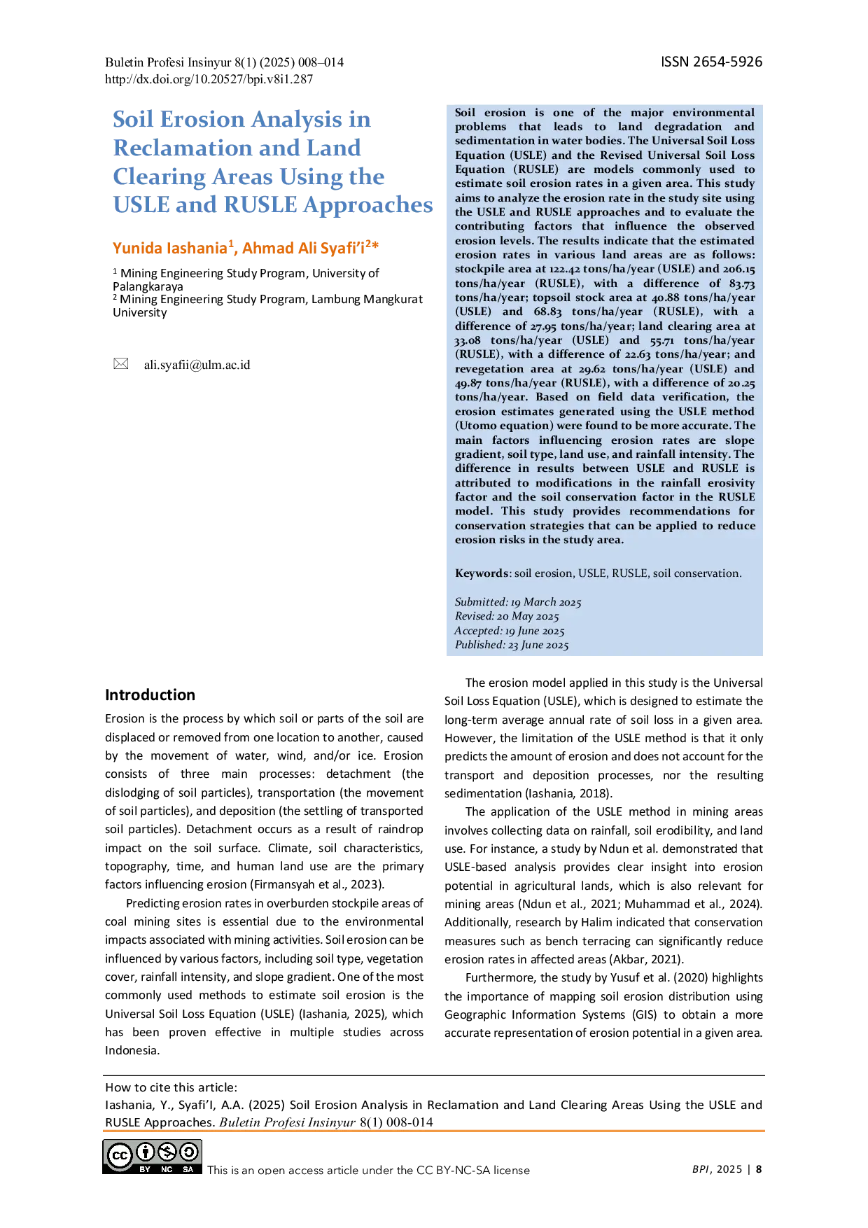 JURIS Soil Erosion Analysis in Reclamation and Land Clearing Areas Using the USLE and RUSLE Approaches
