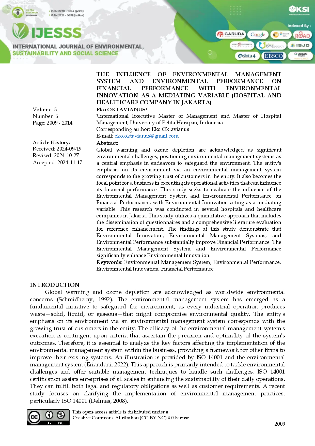 juris The Influence of Environmental Management System and Environmental Performance on Financial Performance With Environmental Innovation as A Mediating Variable Hospital and Healthcare Company in Jakart