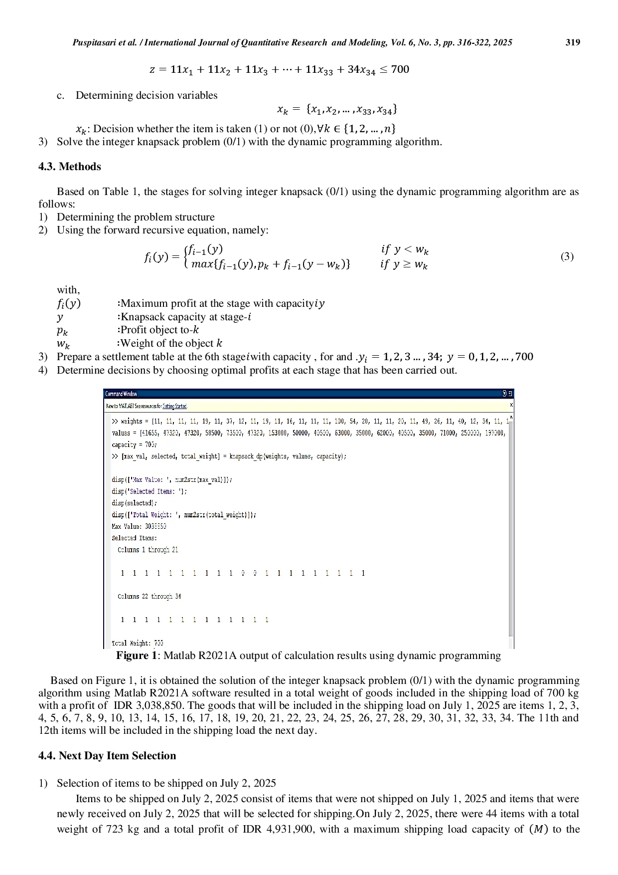juris Implementation of Dynamic Programming Algorithm on The Integer Knapsack Problem 0 1 Case Study J T Cargo Agent Purwokerto