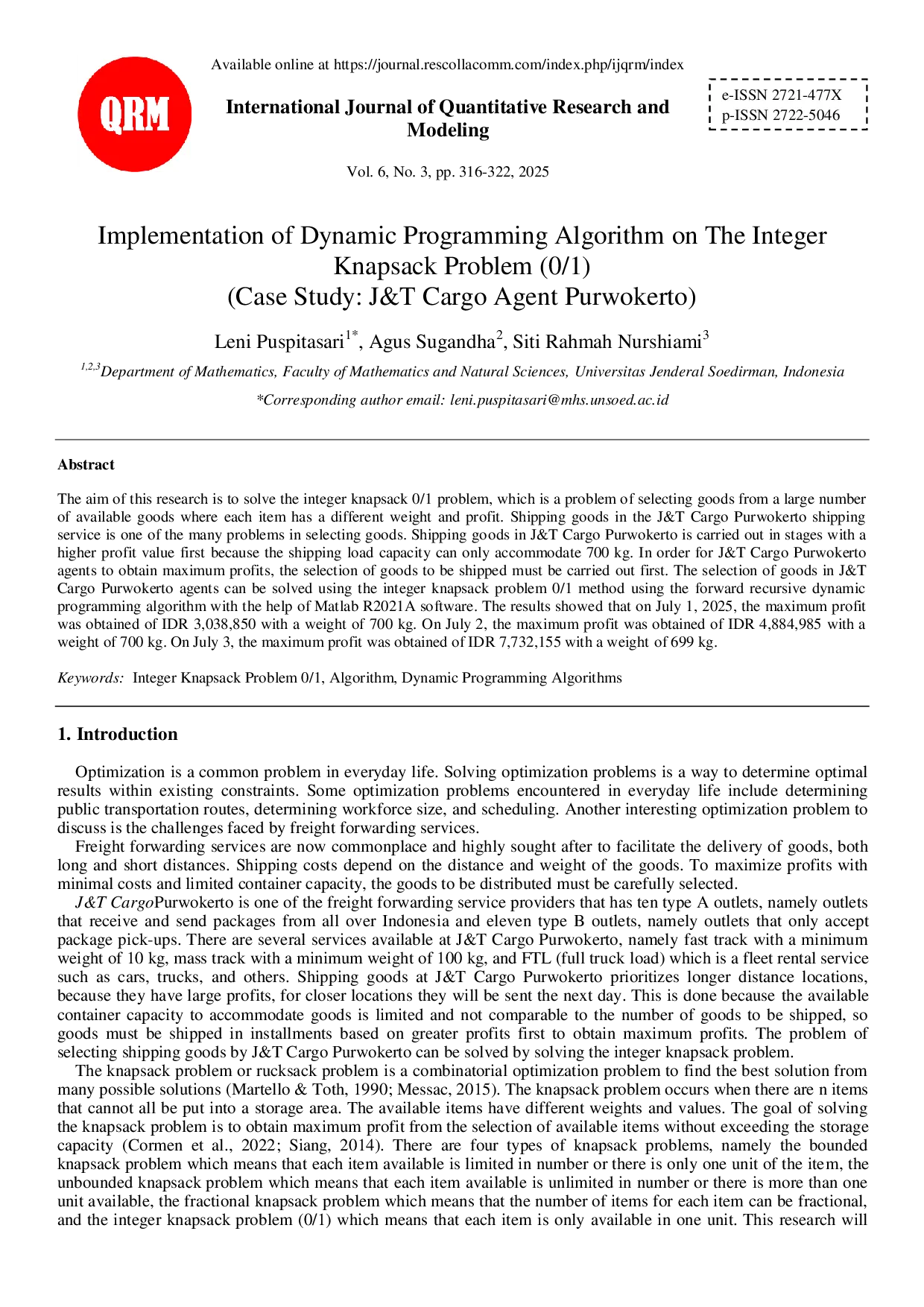 juris Implementation of Dynamic Programming Algorithm on The Integer Knapsack Problem 0 1 Case Study J T Cargo Agent Purwokerto