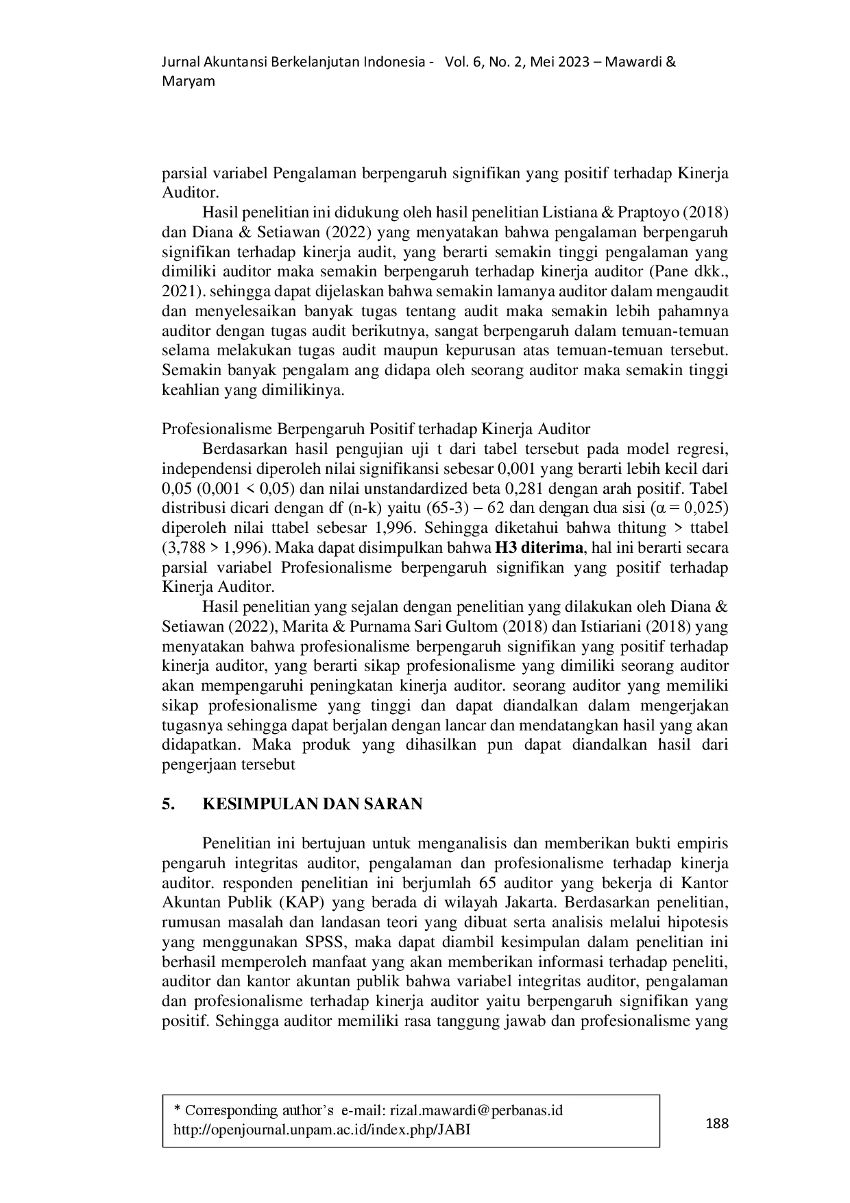 juris Hubungan Integritas Auditor Pengalaman dan Profesionalisme terhadap Kinerja Audit