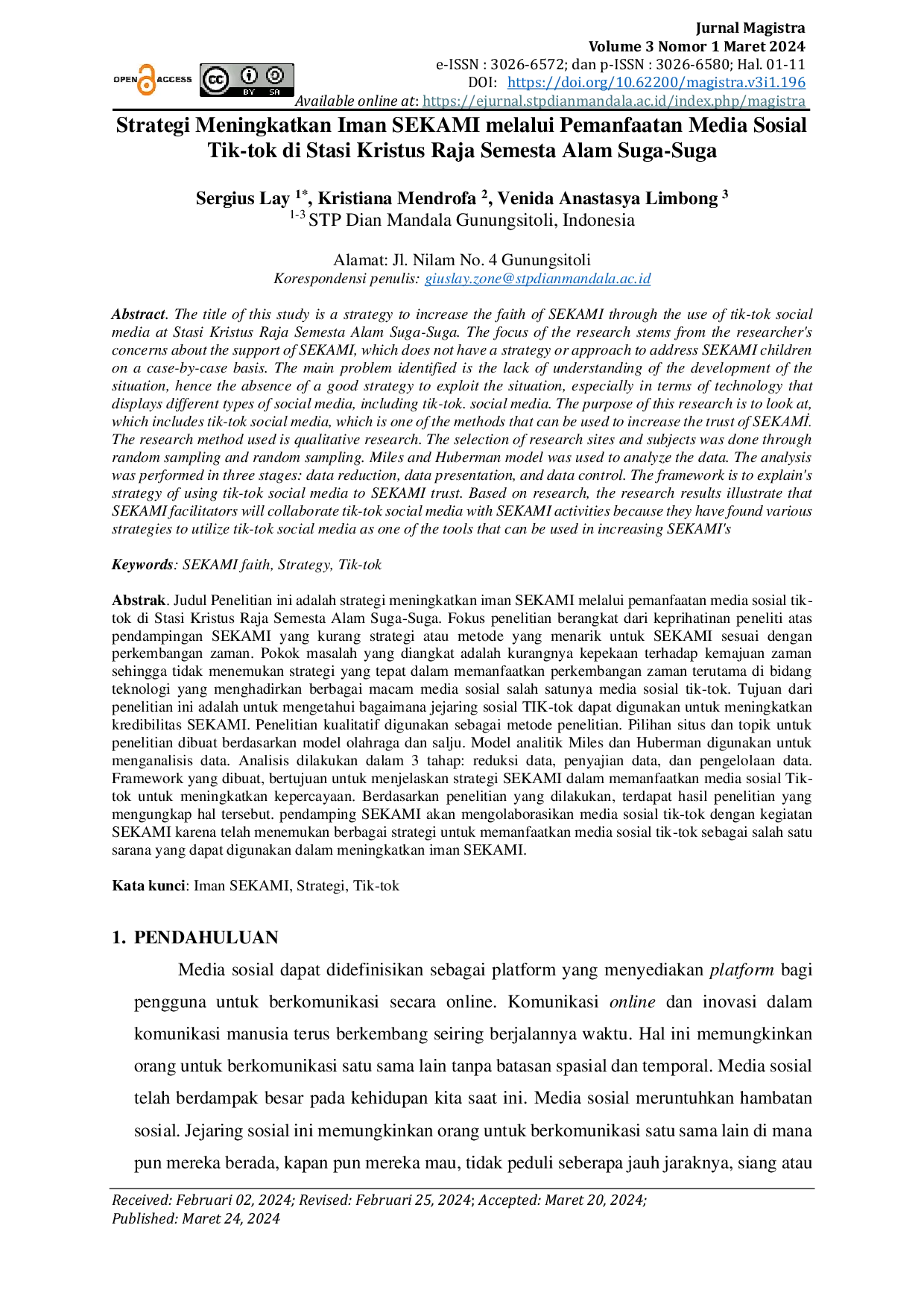 JURIS Strategi Meningkatkan Iman SEKAMI melalui Pemanfaatan Media Sosial Tik tok di Stasi Kristus Raja Semesta Alam Suga Suga