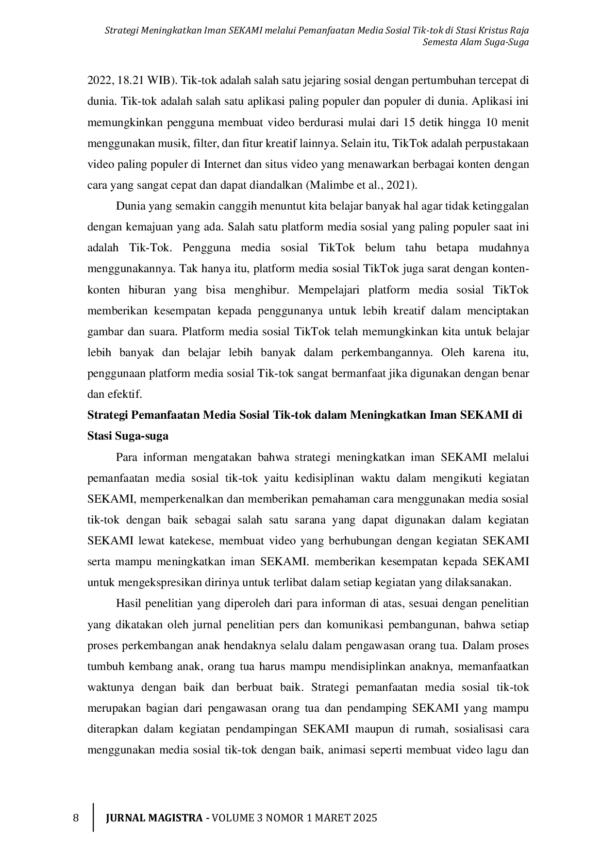 JURIS Strategi Meningkatkan Iman SEKAMI melalui Pemanfaatan Media Sosial Tik tok di Stasi Kristus Raja Semesta Alam Suga Suga