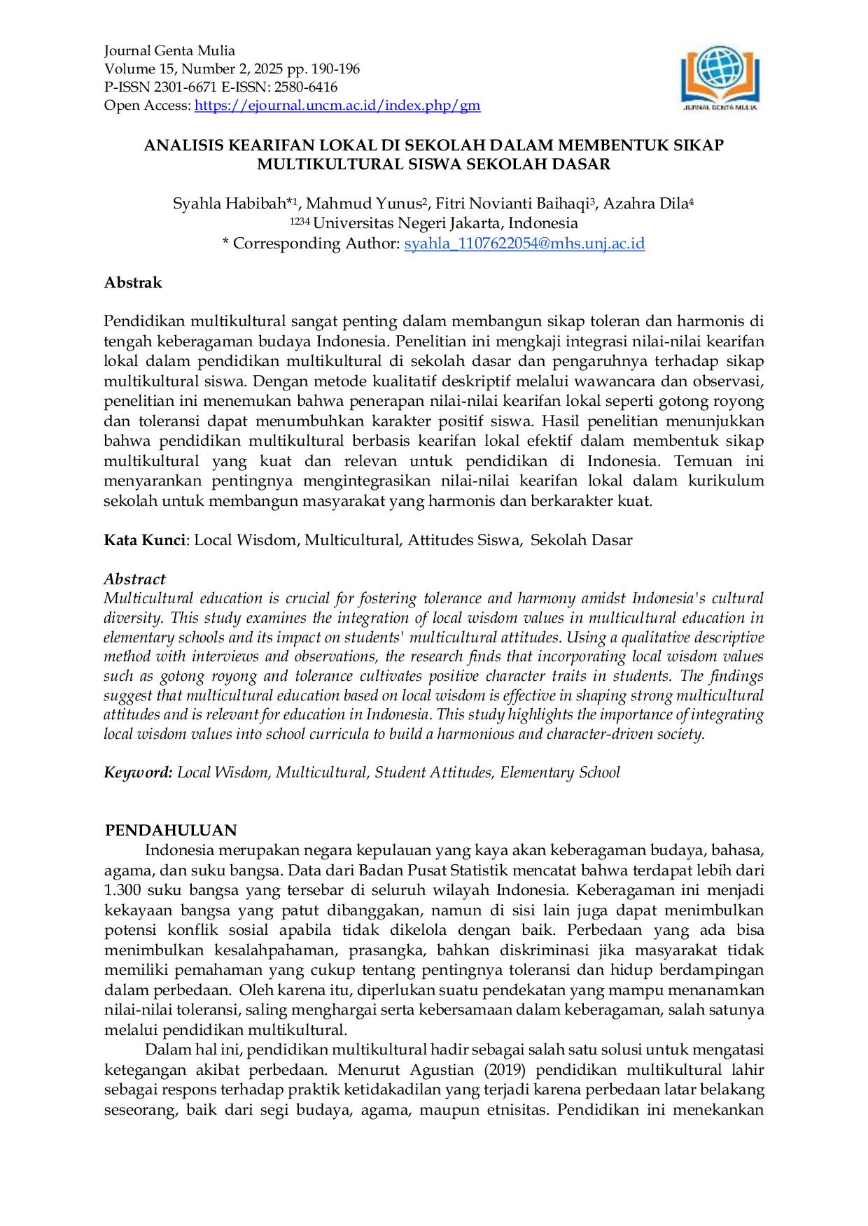 JURIS Analisis Kearifan Lokal Di Sekolah Dalam Membentuk Sikap Multikultural Siswa Sekolah Dasar