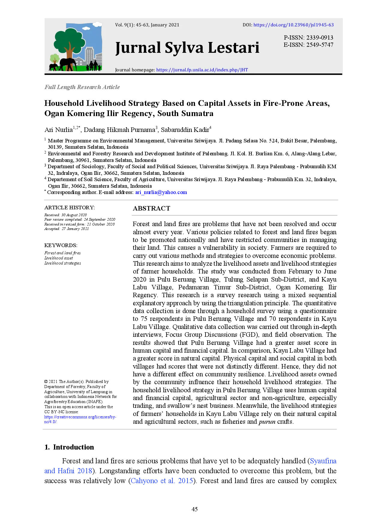 juris Household Livelihood Strategy Based on Capital Assets in Fire Prone Areas Ogan Komering Ilir Regency South Sumatra