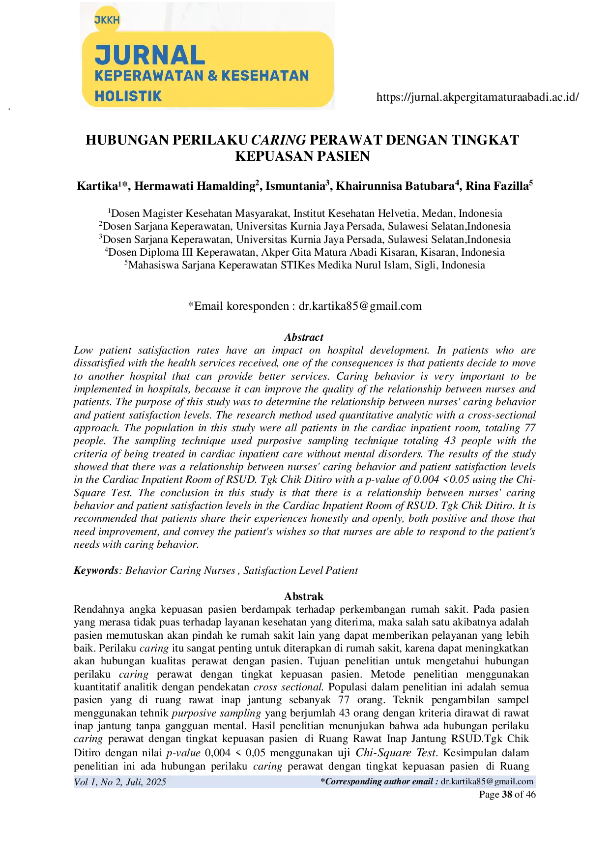 JURIS Hubungan Perilaku Caring Perawat Dengan Tingkat Kepuasan Pasien