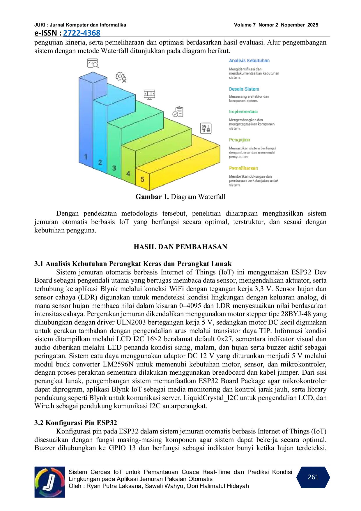 JURIS Sistem Cerdas IoT untuk Pemantauan Cuaca Real Time dan Prediksi Kondisi Lingkungan pada Aplikasi Jemuran Pakaian Otomatis
