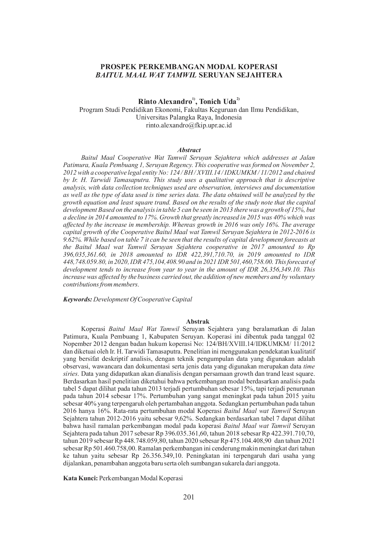 JURIS Prospek Perkembangan Modal Koperasi Baitul Maal Wat Tamwil Seruyan Sejahtera