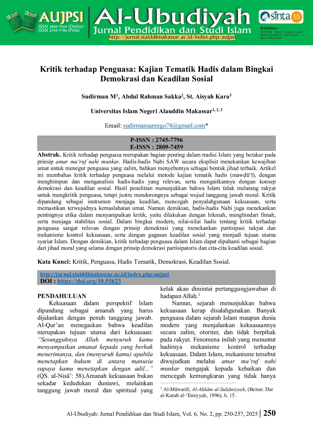 JURIS Kritik Terhadap Penguasa Kajian Tematik Hadis Dalam Bingkai Demokrasi Dan Keadilan Sosial
