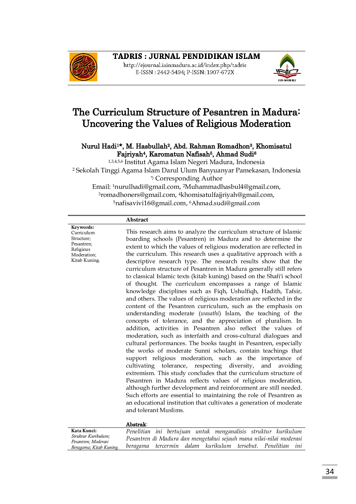 JURIS The Curriculum Structure of Pesantren in Madura Uncovering the Values of Religious Moderation