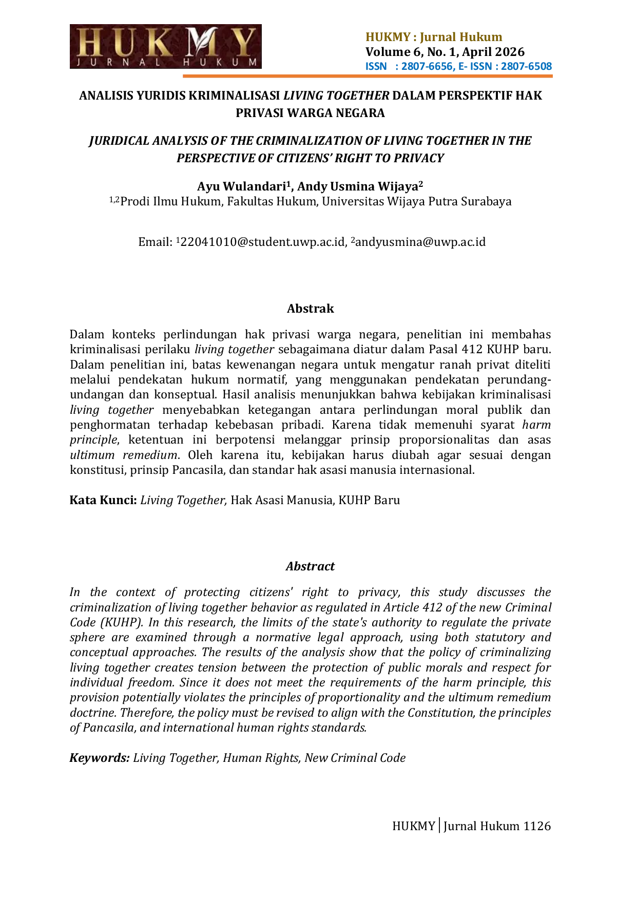 JURIS Analisis Yuridis Kriminalisasi Living Together Dalam Perspektif Hak Privasi Warga Negara