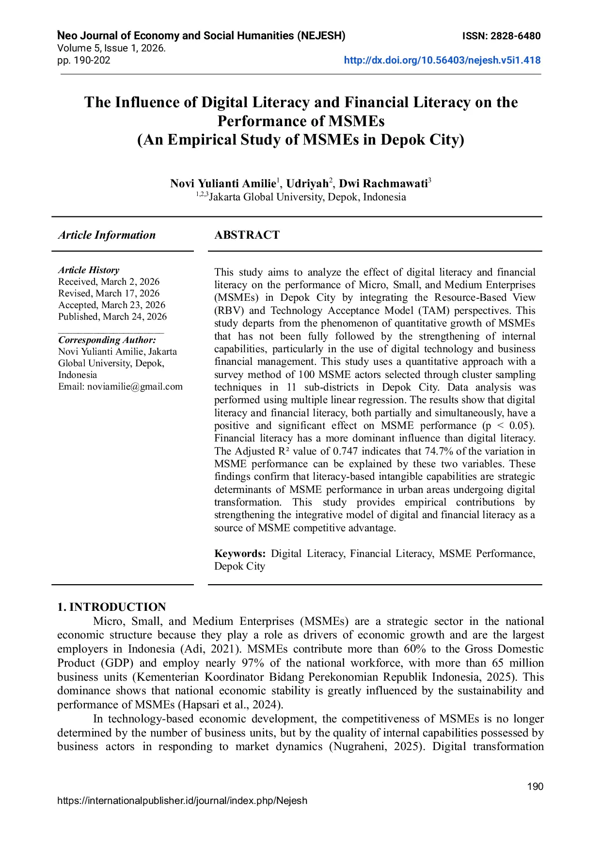 JURIS The Influence of Digital Literacy and Financial Literacy on the Performance of MSMEs An Empirical Study of MSMEs in Depok City