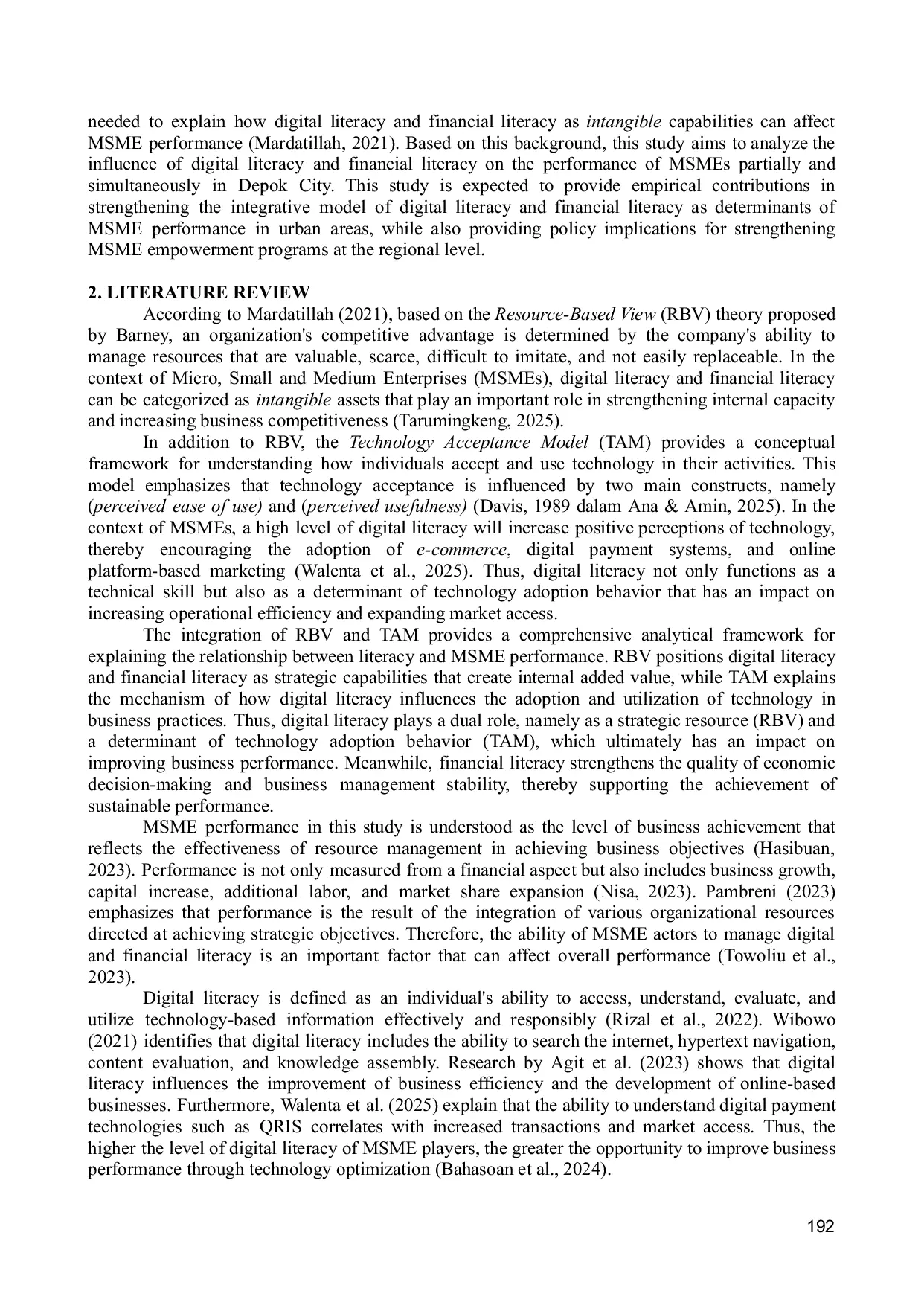 JURIS The Influence of Digital Literacy and Financial Literacy on the Performance of MSMEs An Empirical Study of MSMEs in Depok City