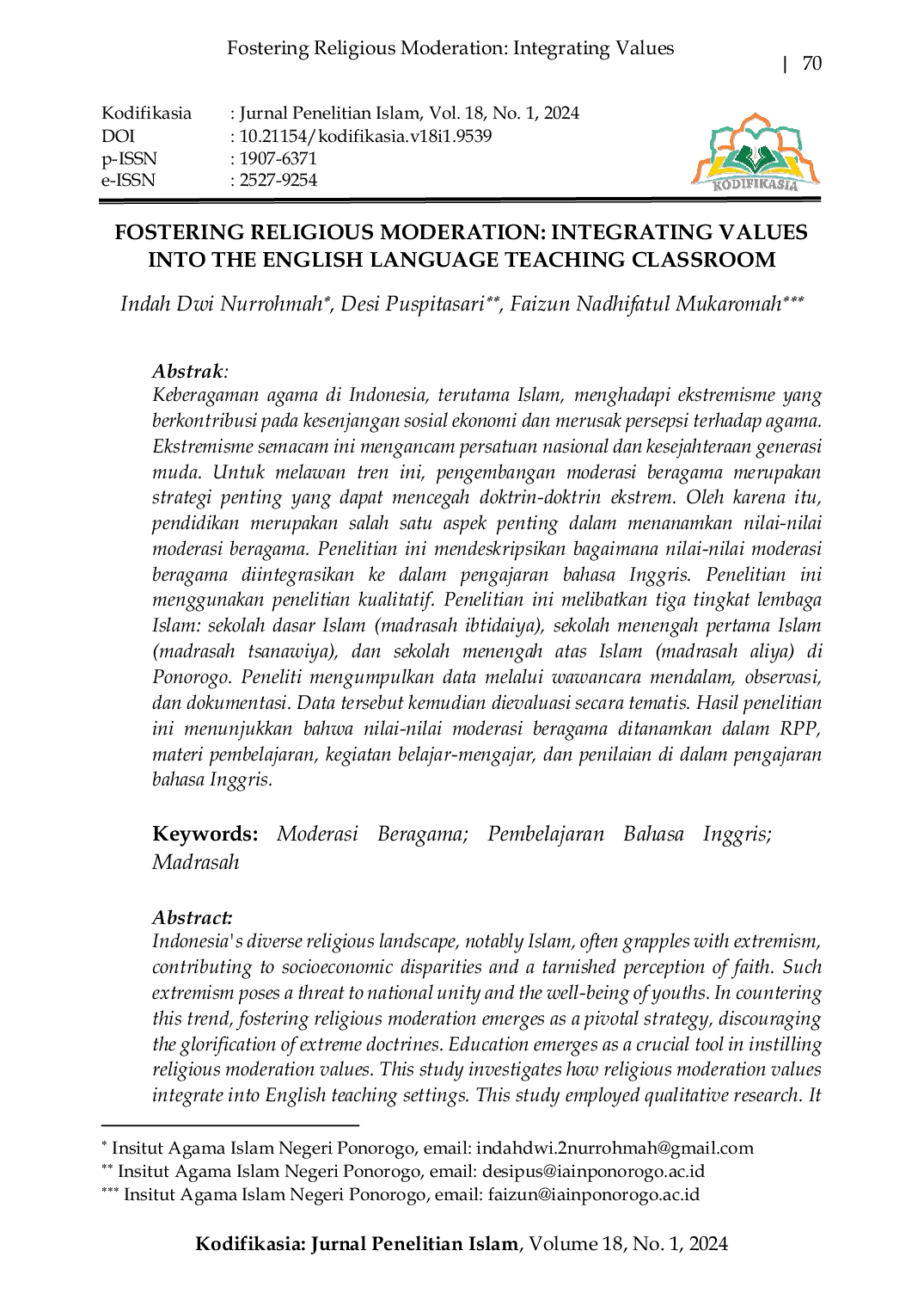 JURIS Fostering Religious Moderation Integrating Values Into The English Language Teaching Classroom