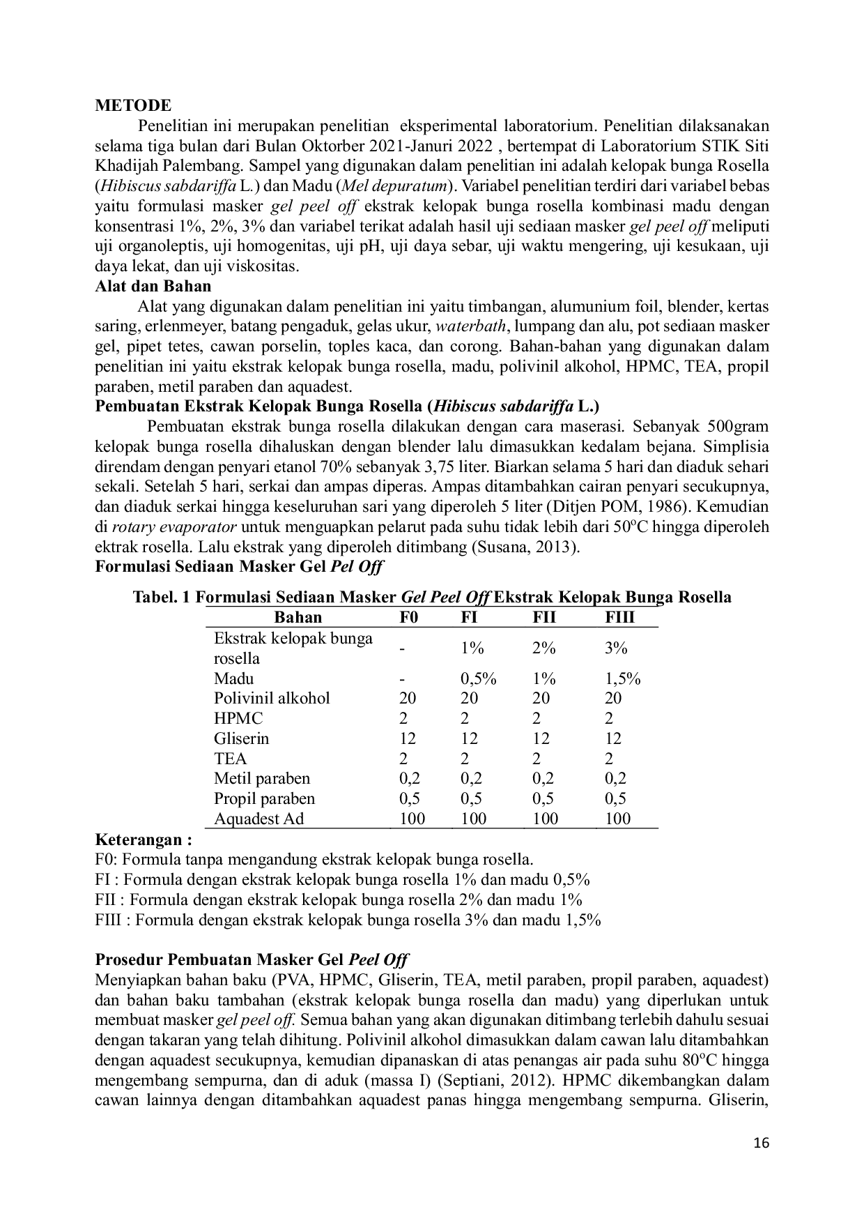 JURIS FORMULATION OF A PEEL OFF GEL MASK WITH ROSELLA Hibiscus sabdariffa L PETAL EXTRACT AND HONEY