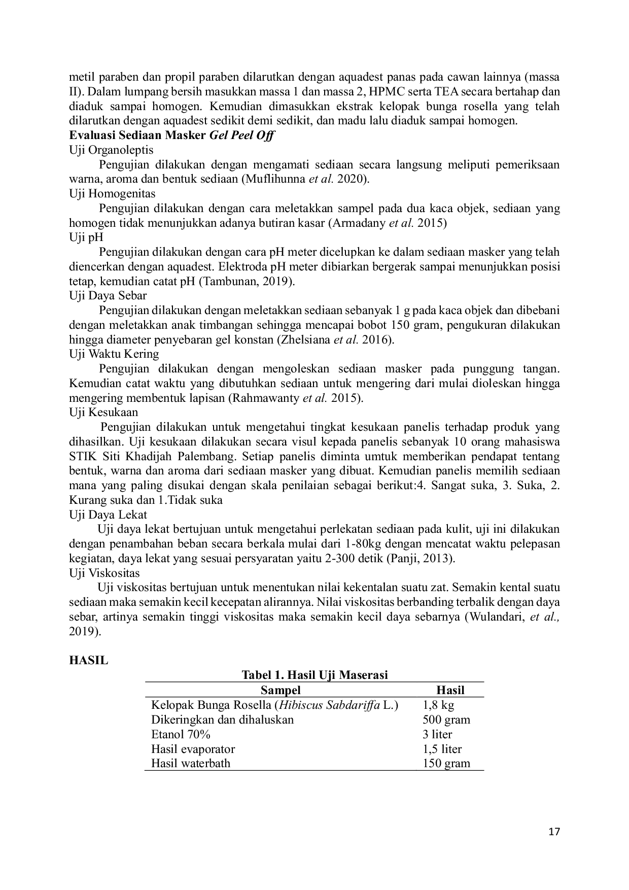 JURIS FORMULATION OF A PEEL OFF GEL MASK WITH ROSELLA Hibiscus sabdariffa L PETAL EXTRACT AND HONEY