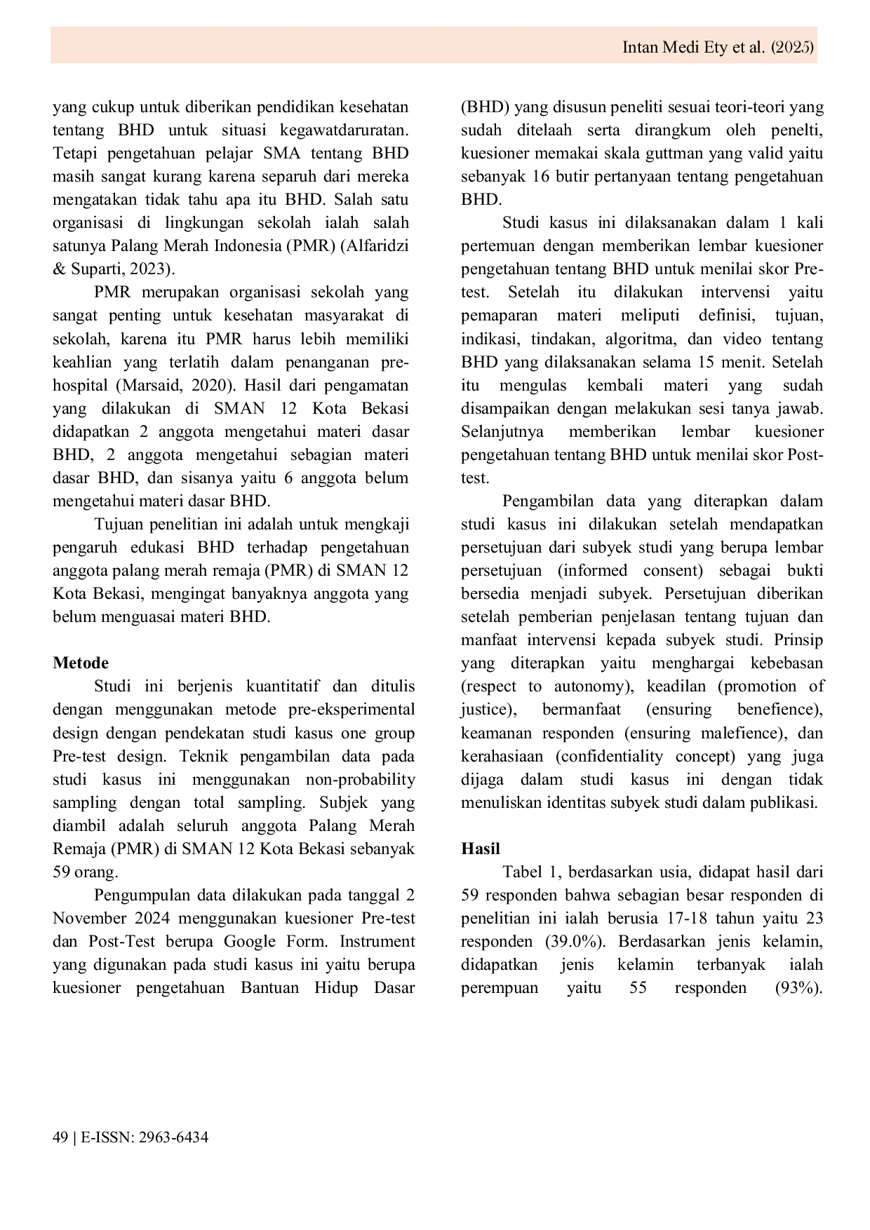 JURIS The Impact of Basic Life Support Education on Knowledge Among Youth Red Cross Members at SMAN 12 Bekasi City 2024