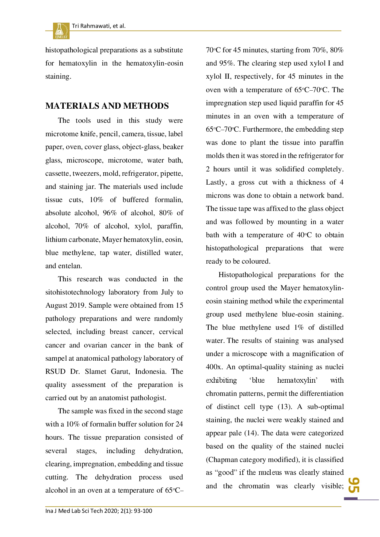 juris Utilization of 1 of Methylene Blue in Staining Histopathological Preparations at Anatomic Pathology Laboratory