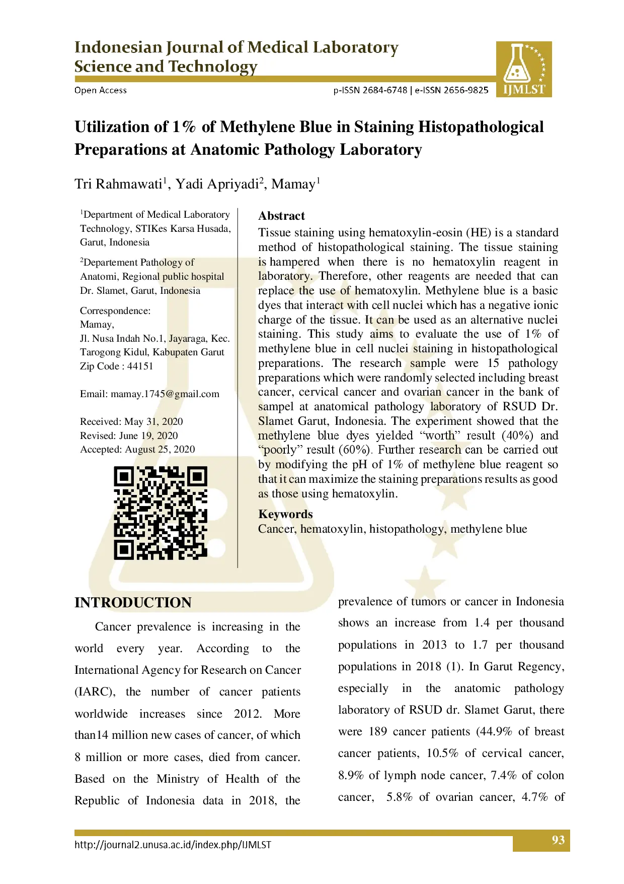 juris Utilization of 1 of Methylene Blue in Staining Histopathological Preparations at Anatomic Pathology Laboratory