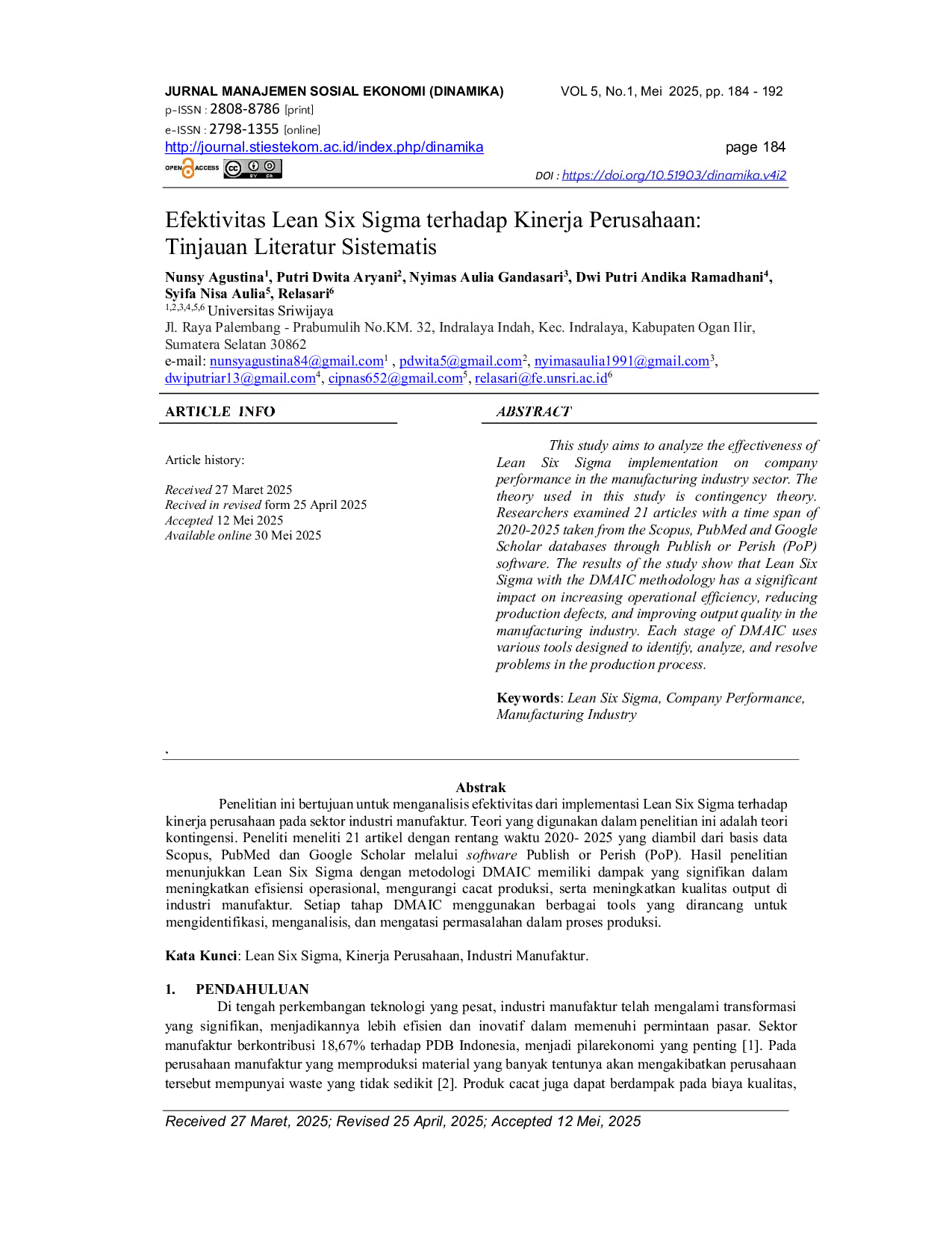 JURIS Efektivitas Lean Six Sigma Terhadap Kinerja Perusahaan Tinjauan Literatur Sistematis