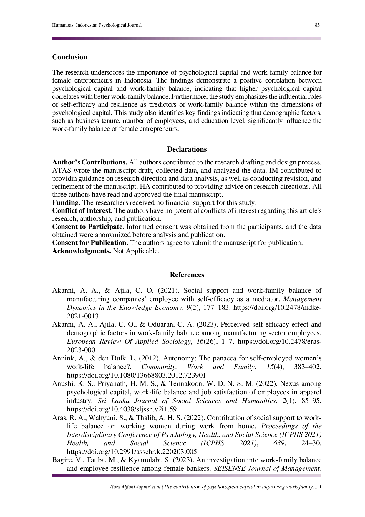 JURIS The contribution of psychological capital in improving work family balance in female entrepreneurs